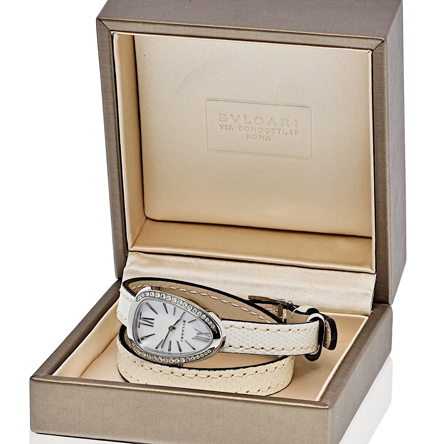 Donna Orologio da donna Bvlgari Serpenti in oro bianco 18 carati con quadrante bianco e bracciale in pelle con diamanti in vendita