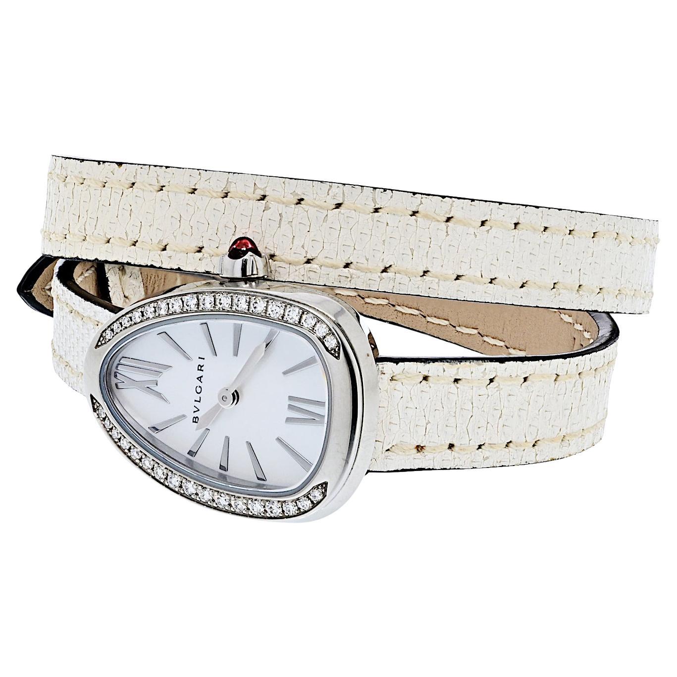 Bvlgari 18K White Gold Serpenti White Dial Leather Bracelet Diamond Ladies Watch