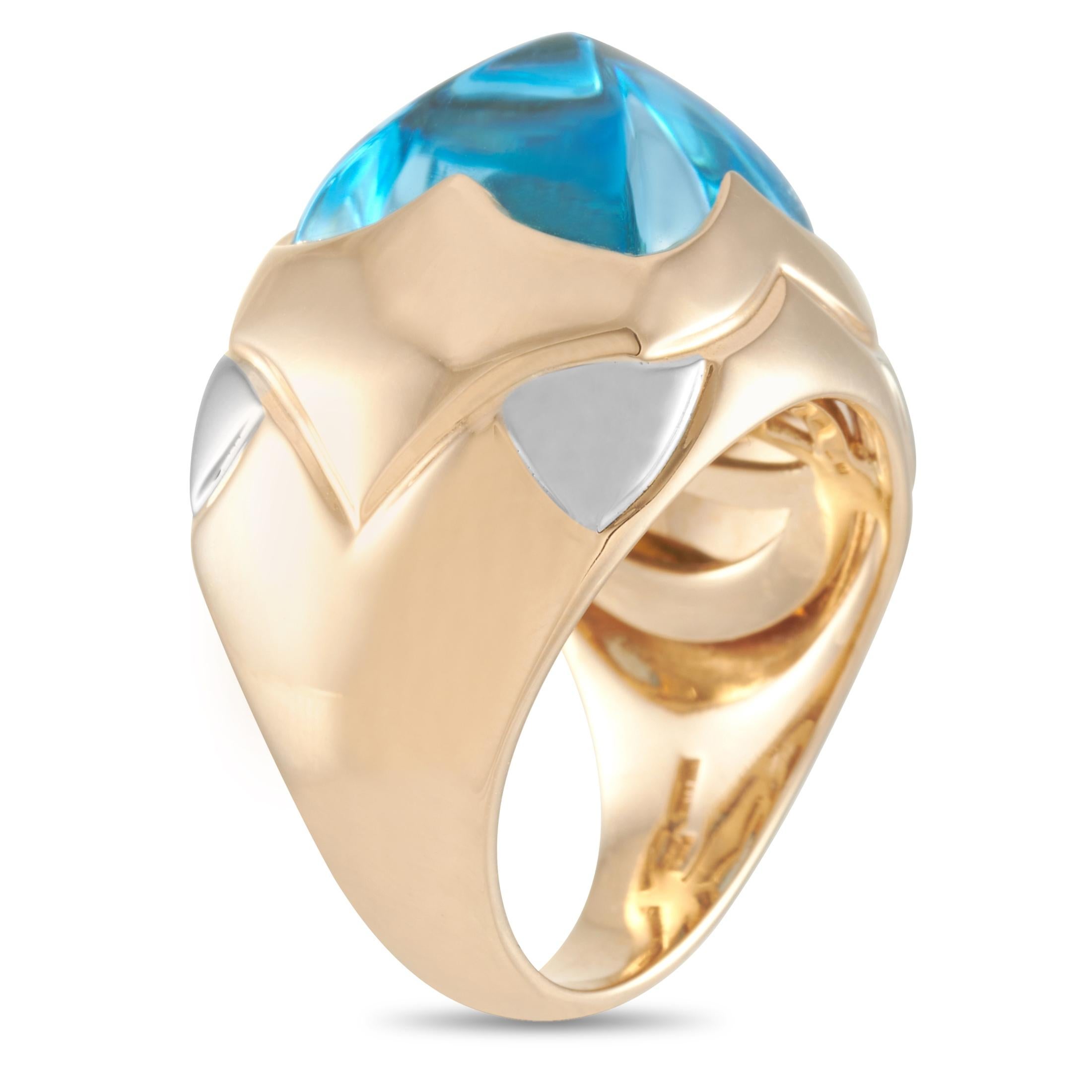 This Bvlgari ring is made out of 18K yellow and white gold and set with a pyramid topaz. The ring weighs 16.8 grams and boasts band thickness of 6 mm and top height of 13 mm, while top dimensions measure 16 by 15 mm.
 
 Offered in estate condition,