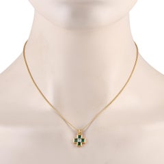 Bvlgari 18K Yellow Gold 0.18ct Diamond and Emerald Cross Necklace