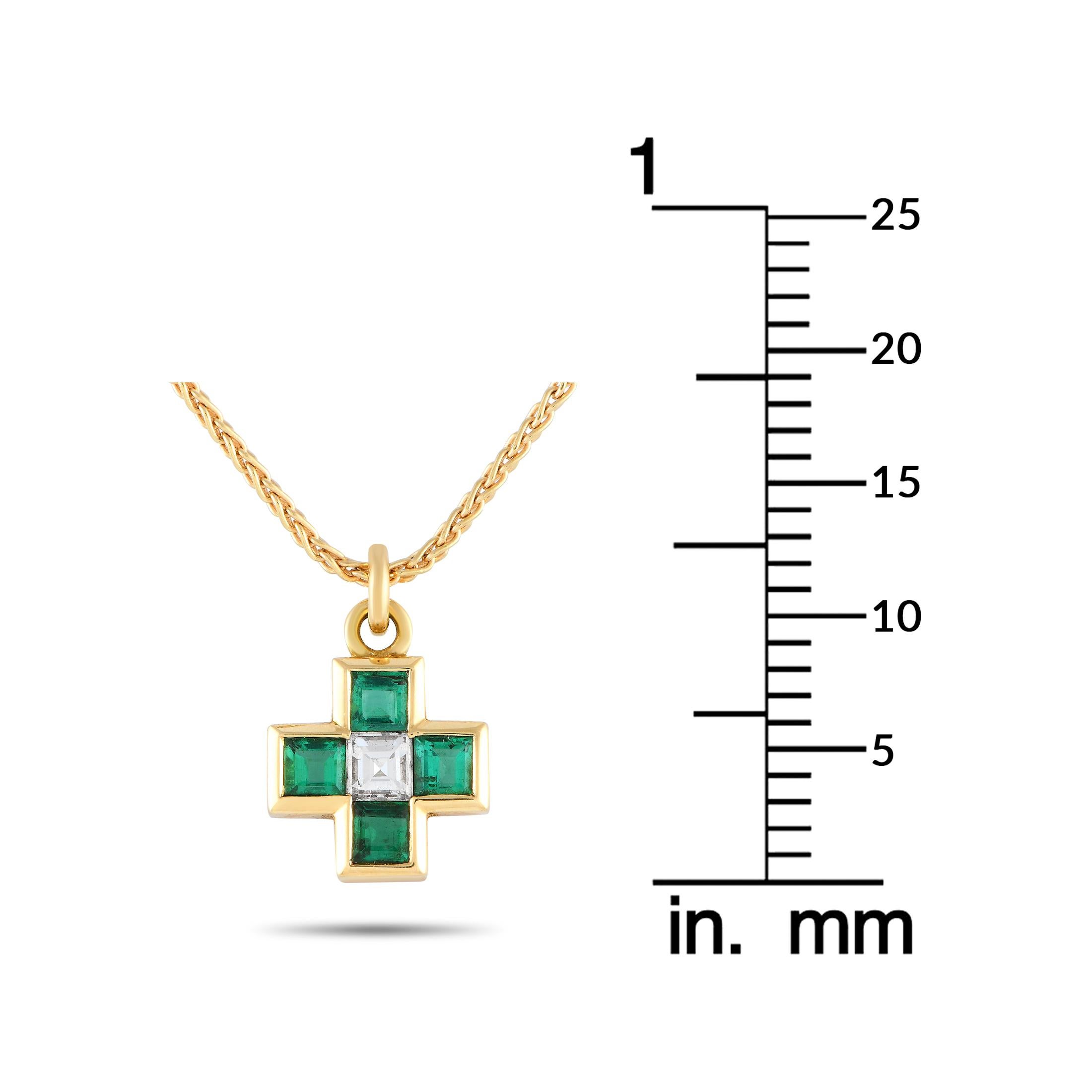 Bvlgari 18K Yellow Gold 0.18ct Diamond and Emerald Cross Necklace In Excellent Condition In Southampton, PA