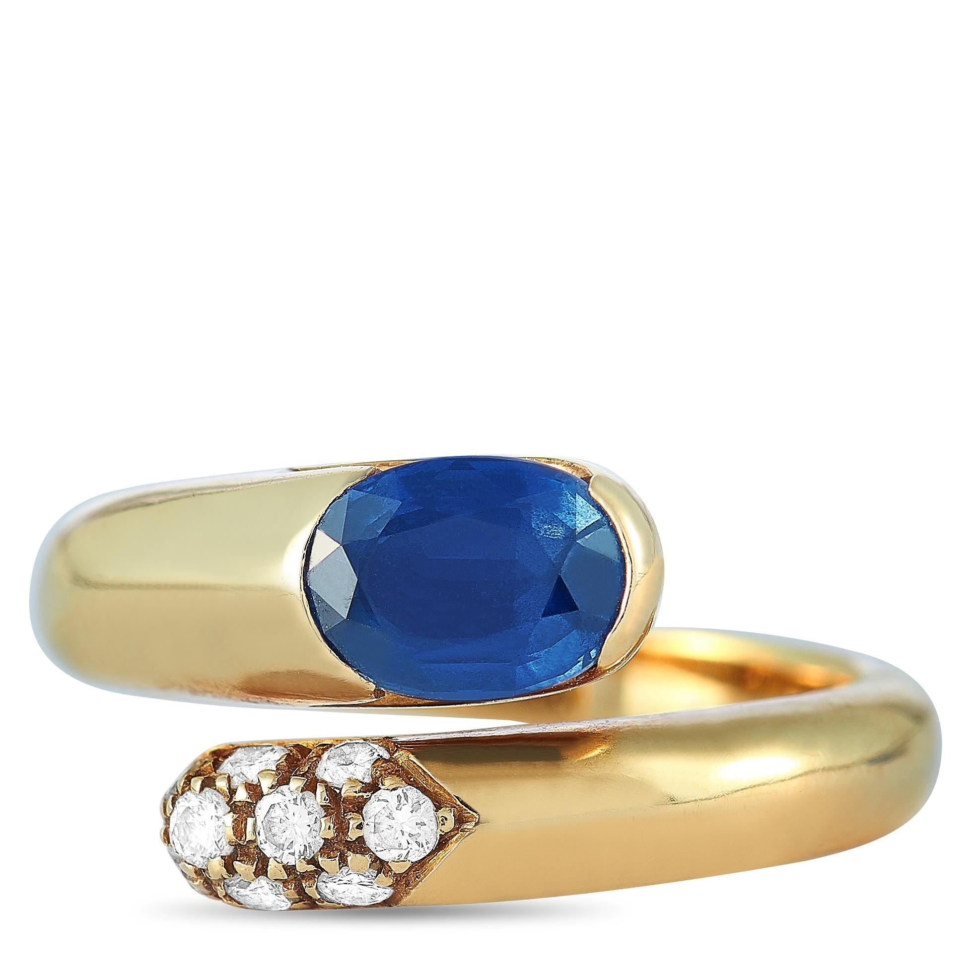 Round Cut Bvlgari 18 Karat Yellow Gold 0.20 Carat Diamond and Sapphire Snake Ring