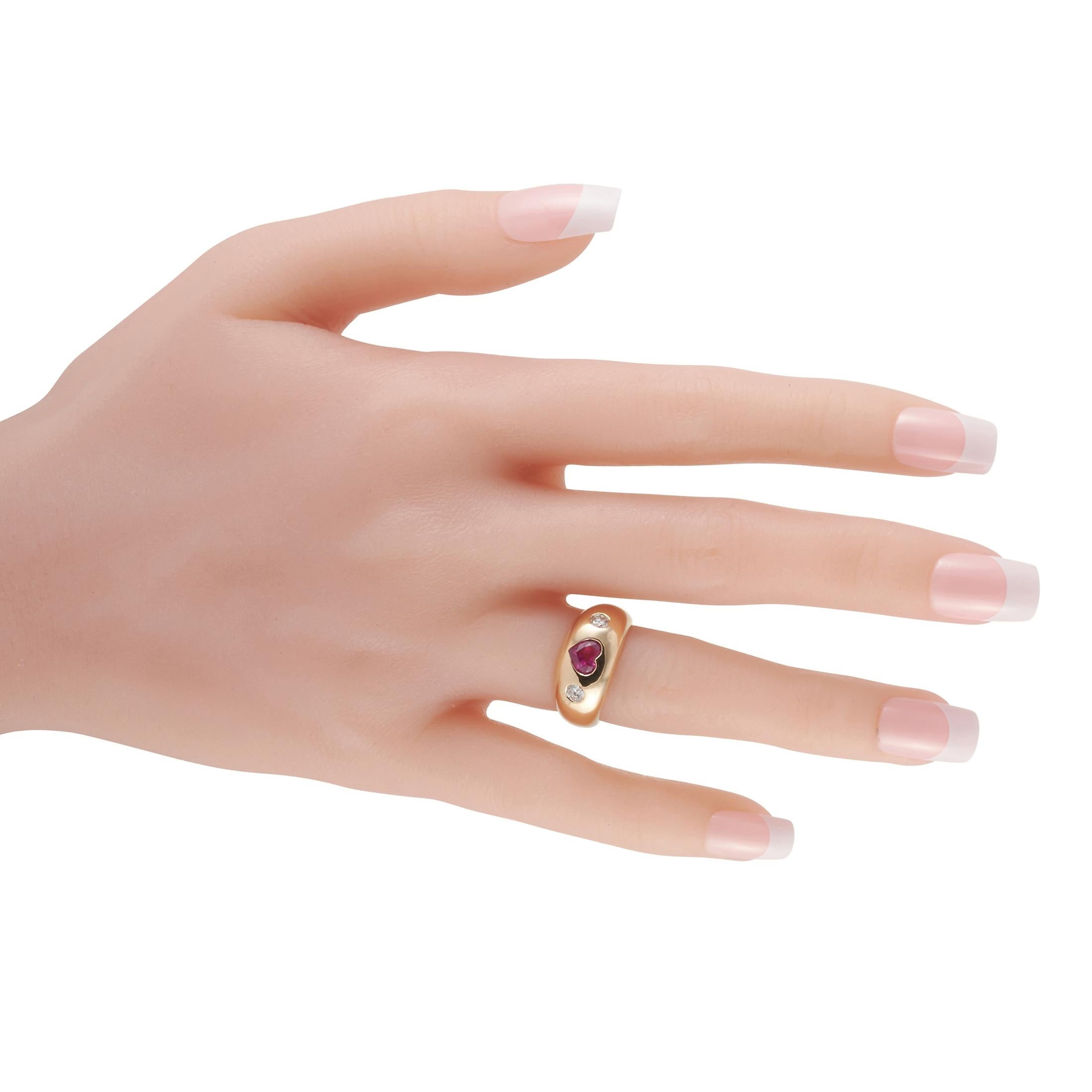 Round Cut Bvlgari 18 Karat Yellow Gold 0.25 Carat Diamond and Ruby Heart Ring