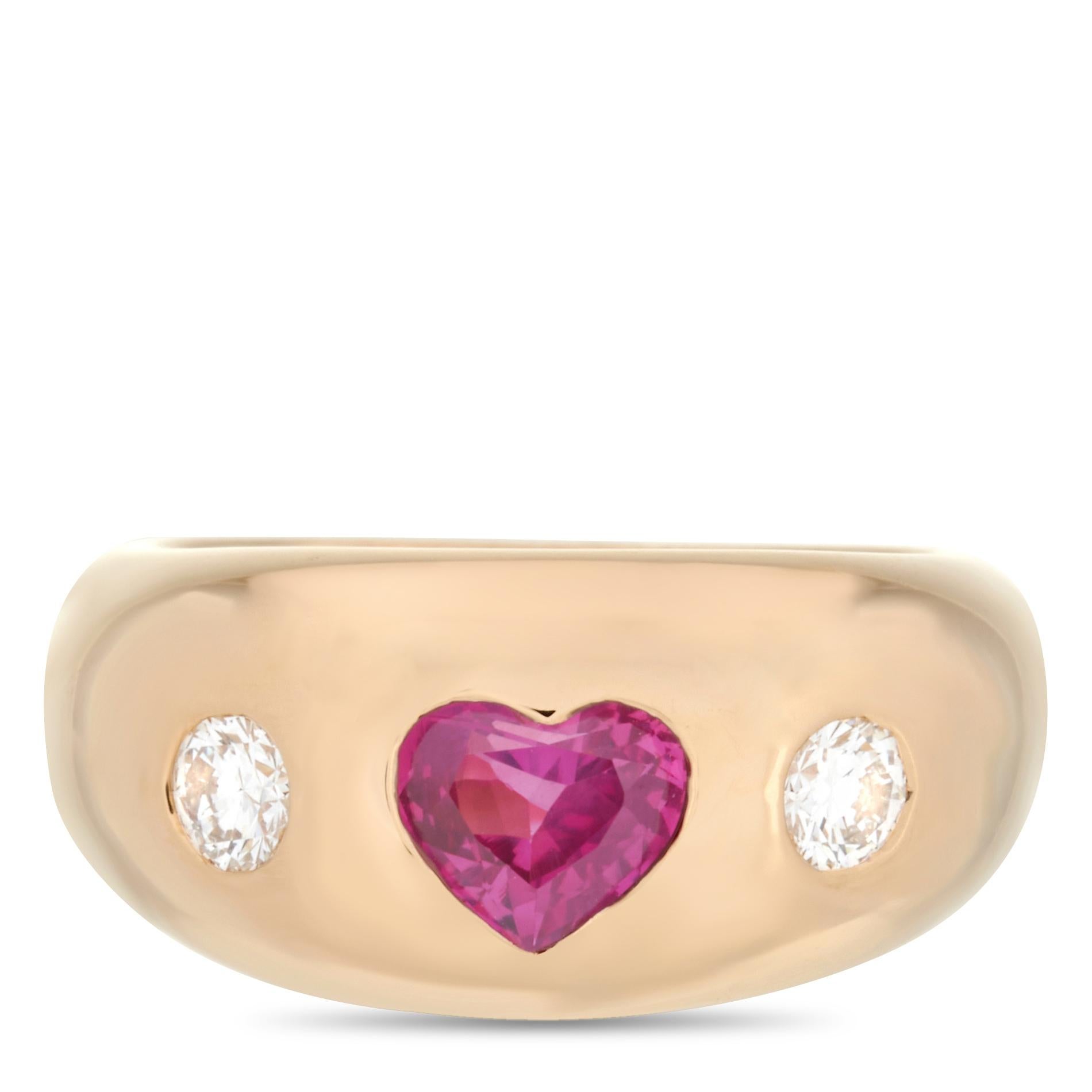 Bvlgari 18 Karat Yellow Gold 0.25 Carat Diamond and Ruby Heart Ring In Excellent Condition In Southampton, PA