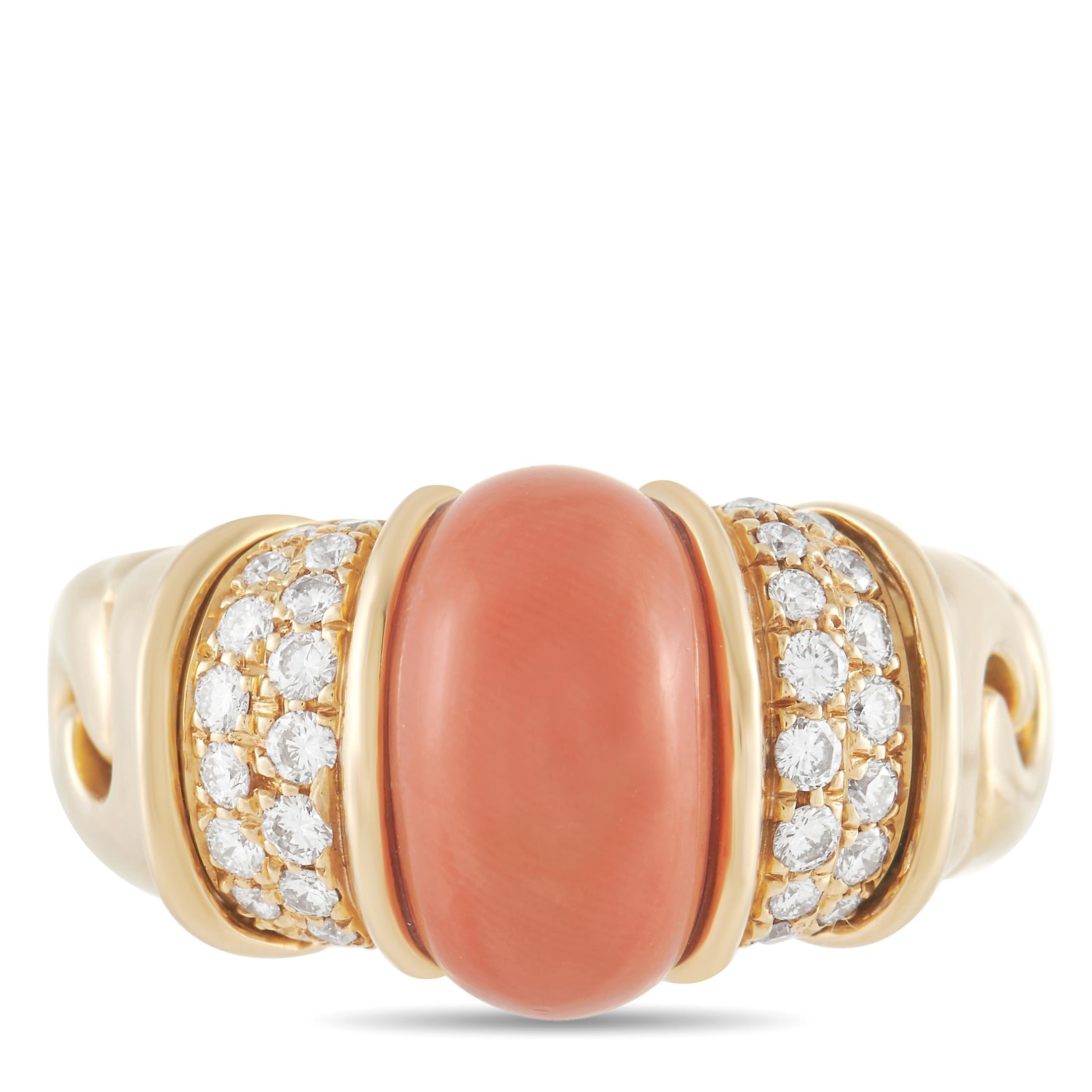 Bvlgari 18K Yellow Gold 0.40 Ct Diamond and Coral Ring In Excellent Condition In Southampton, PA
