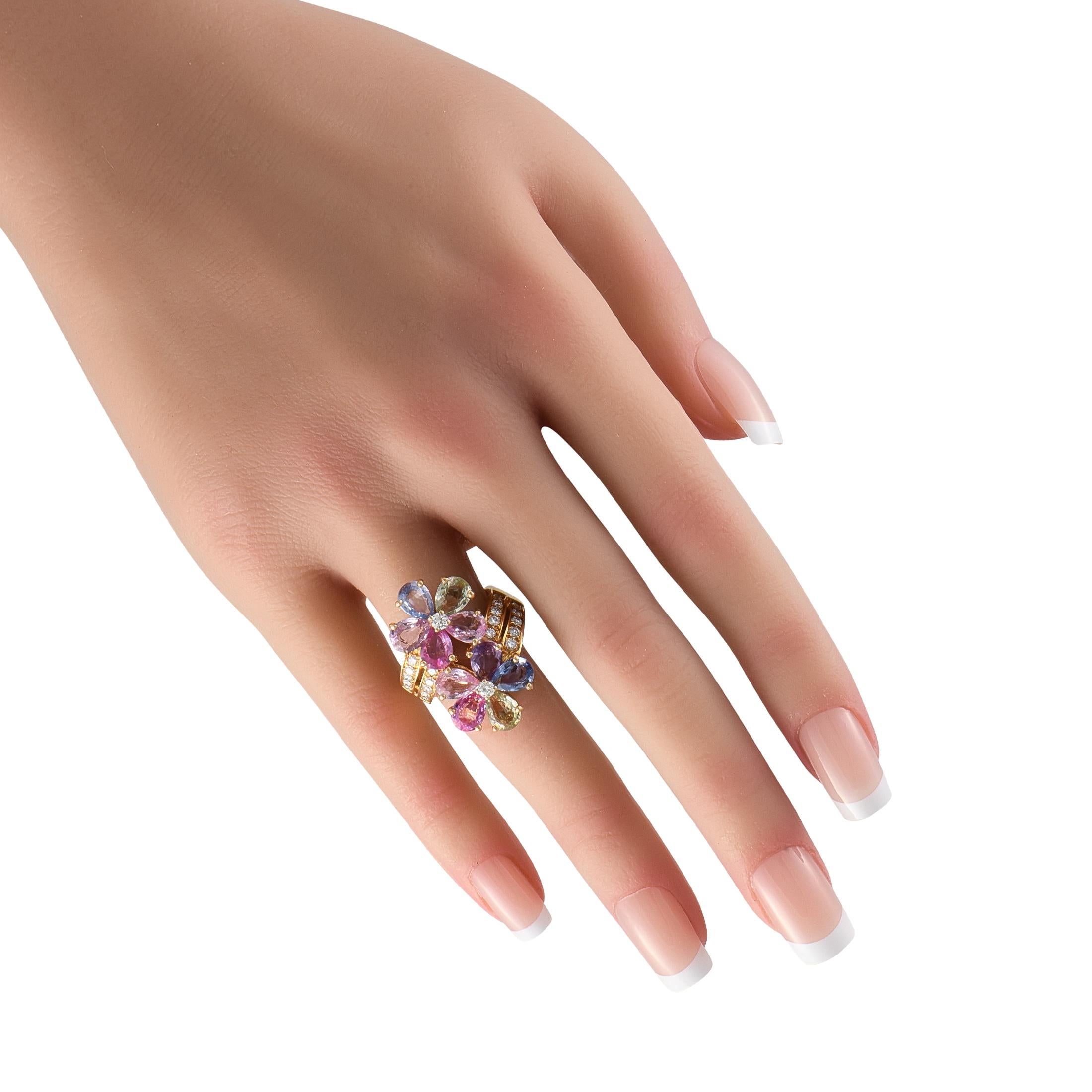Round Cut Bvlgari 18K Yellow Gold 0.65ct Diamond and Multicolored Sapphire Flower Ring For Sale