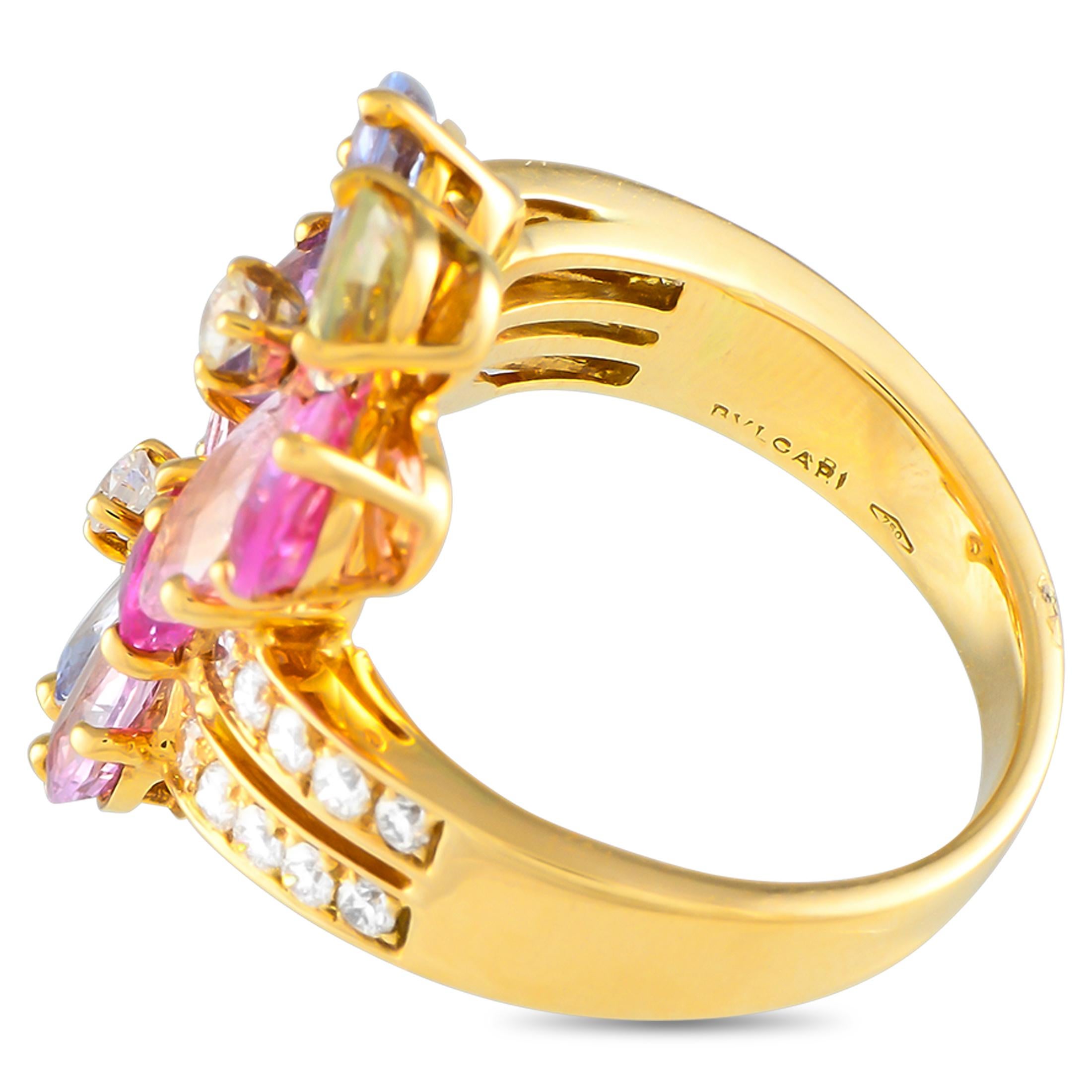 Bvlgari 18K Yellow Gold 0.65ct Diamond and Multicolored Sapphire Flower Ring In Excellent Condition For Sale In Southampton, PA