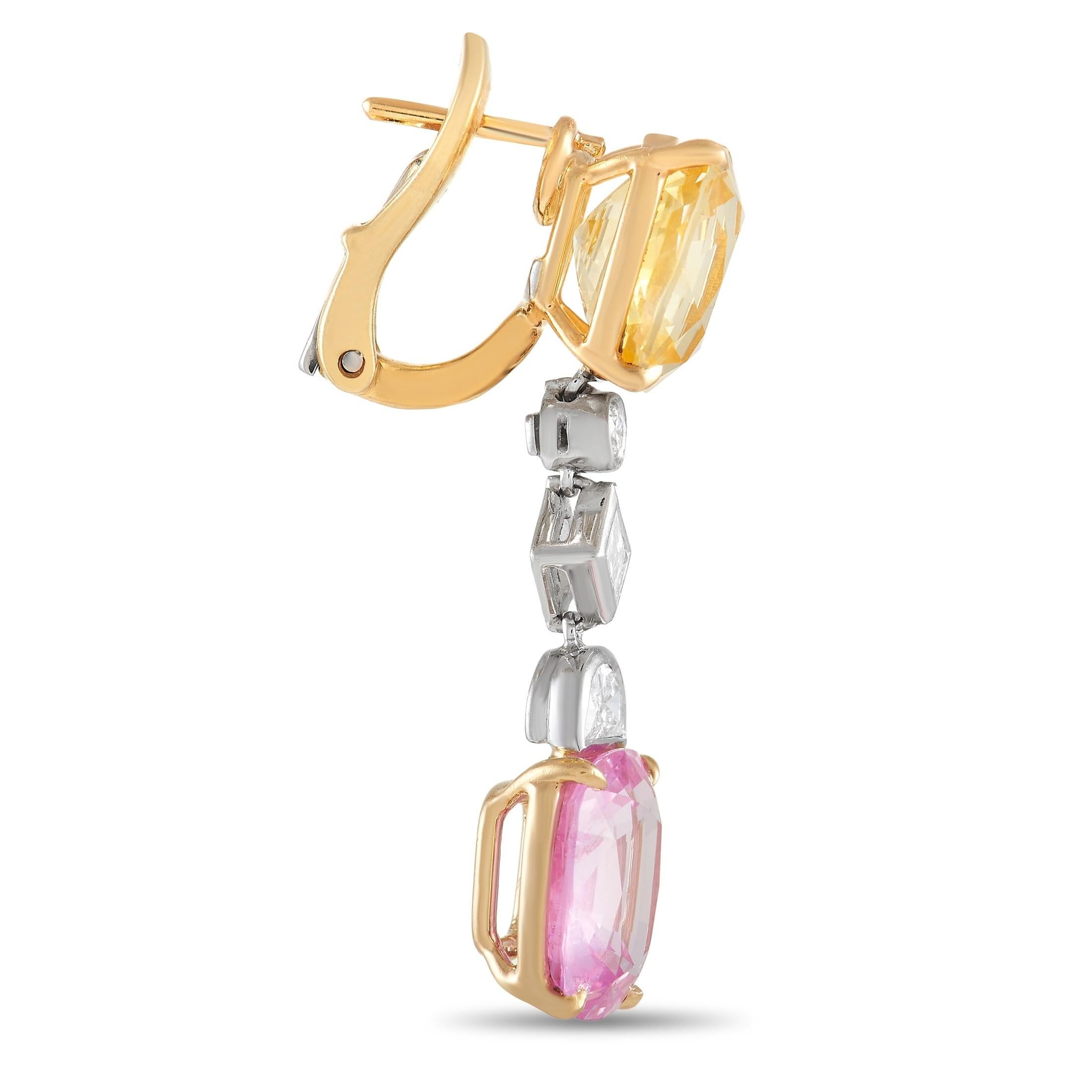 Colorful sapphires make these Bvlgari earrings a veritable work of art. Each exquisite setting measures 1.45” long, 0.45” wide, and is crafted from 18K Yellow Gold. The delicate design is accented by sparkling diamonds totaling 0.90 carats and is