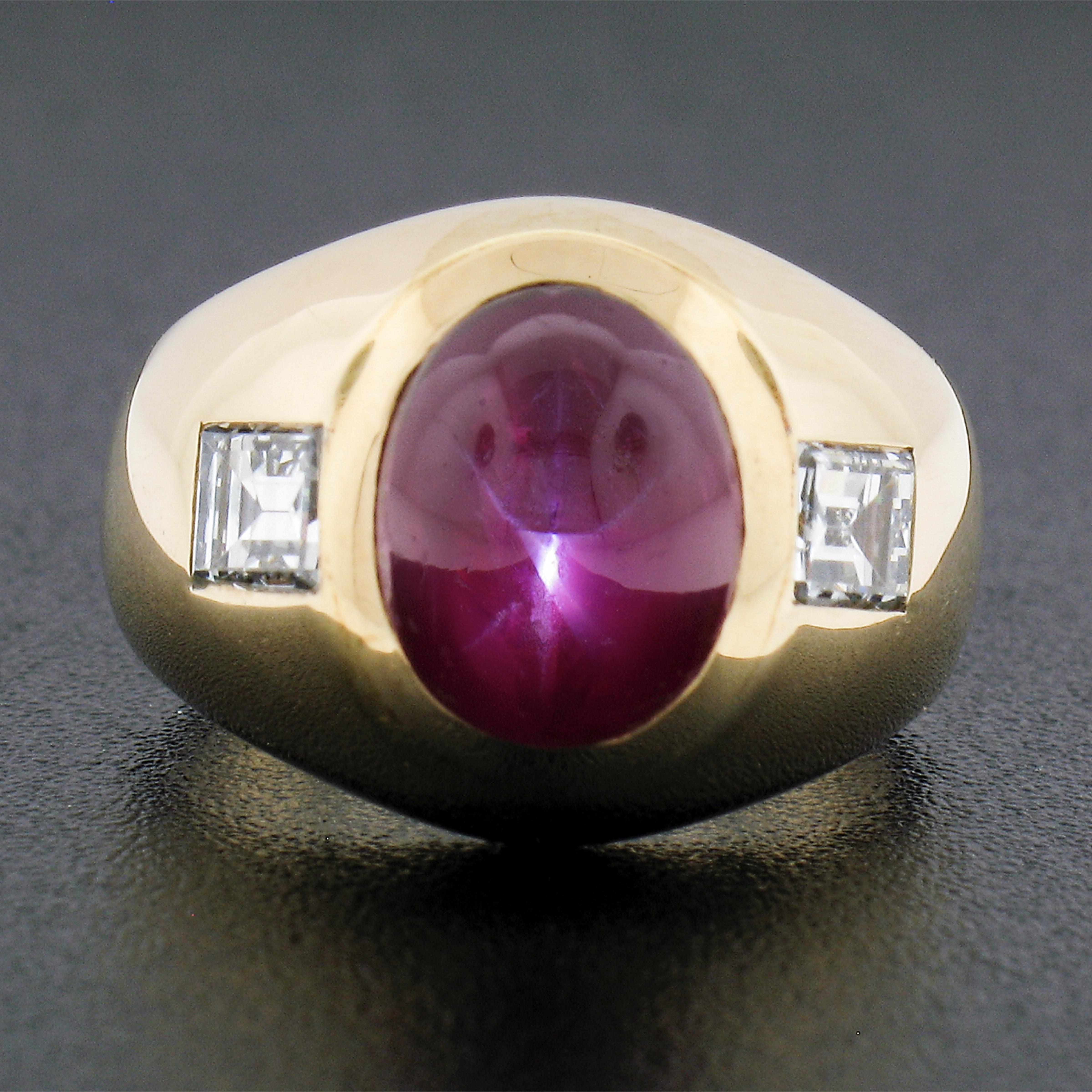 --Stone(s):--
(1) Natural Genuine Star Ruby - Oval Cabochon Cut - Bezel Set - Purplish Red Color - Burma - No Heat - 4.37ct (exact - certified)
**See Certification Details Below**
(2) Natural Genuine Diamonds - Rectangular Step Cut - Burnish Set -