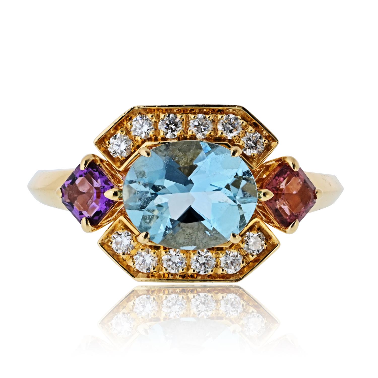 Un sorprendente anello Bvlgari Allegra in oro giallo 18 carati, con un luminoso mix di acquamarina, ametista e tormalina rosa per un audace tocco di colore e personalità. Taglia 6 e accompagnato dalla sua scatola originale, questo gioiello da