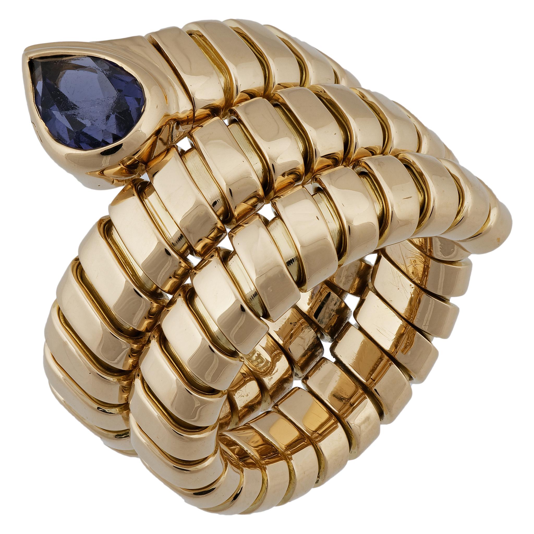 Bvlgari 18 Karat Yellow Gold Amethyst Tubogas Ring In Excellent Condition In New York, NY