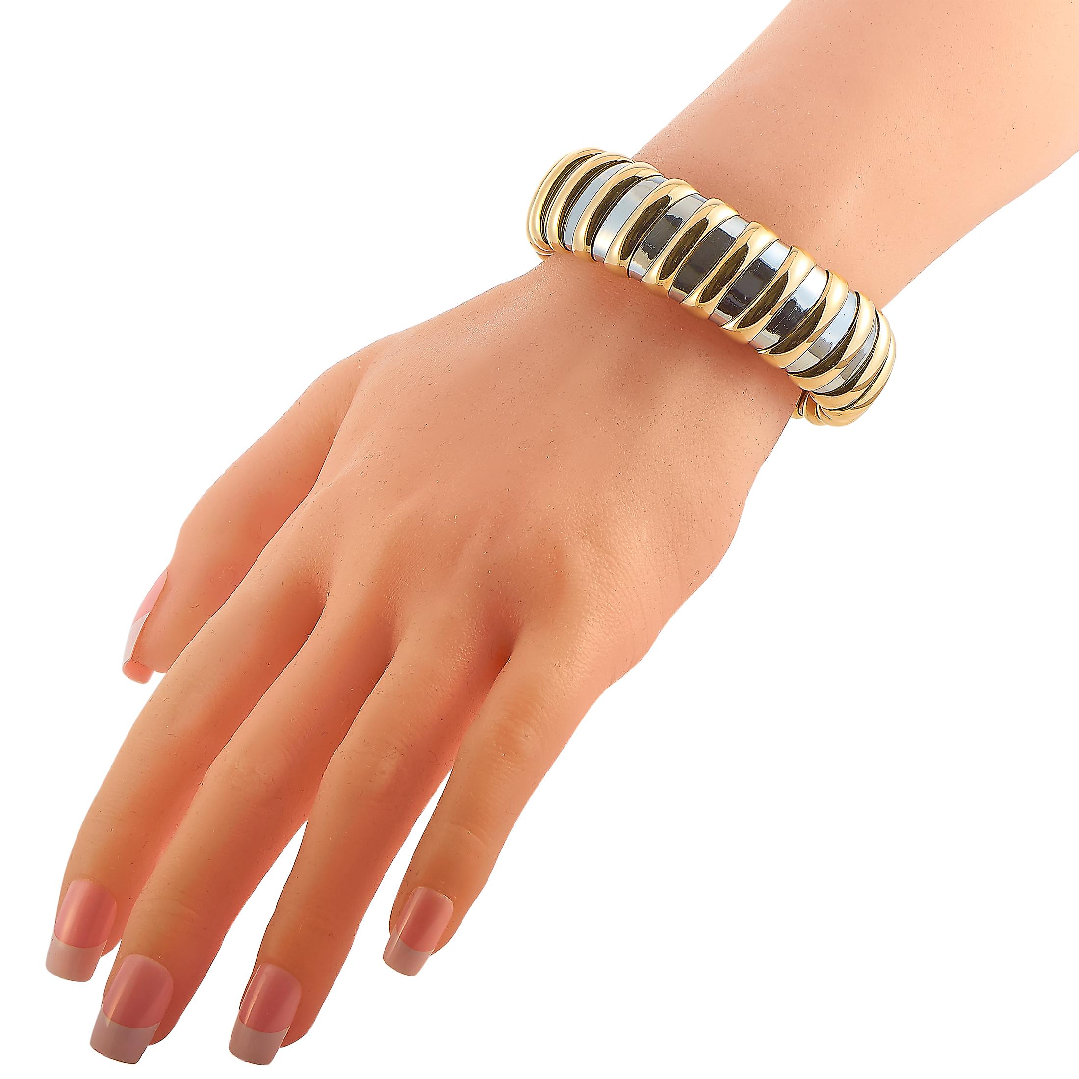 This Bvlgari bracelet is made out of 18K yellow gold and stainless steel and weighs 89.1 grams. It measures 7.85” in length and boasts a 2.50” diameter.

The bracelet is offered in estate condition and includes the manufacturer’s box.