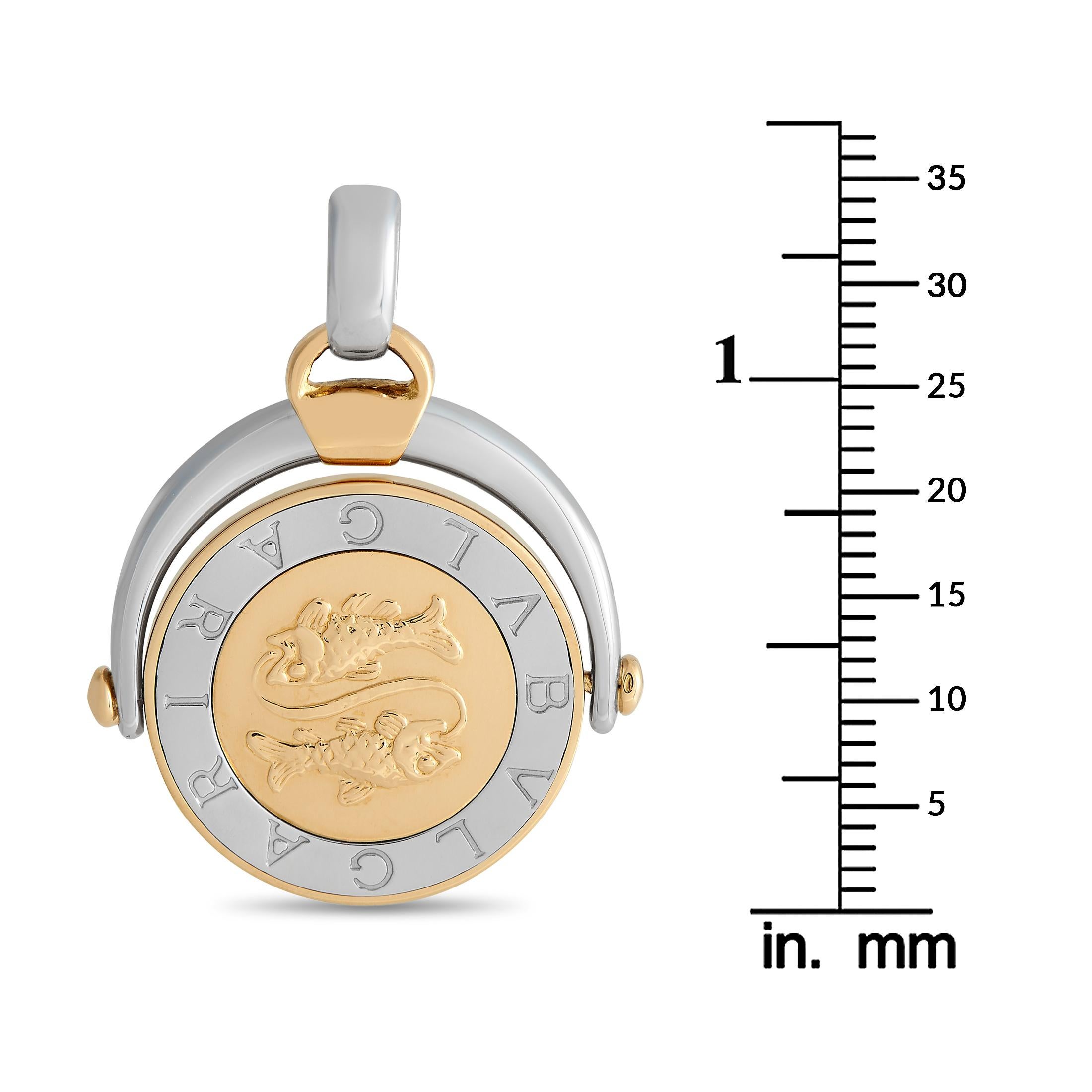 Women's Bvlgari 18K Yellow Gold and Stainless Steel Pisces Zodiac Sign Pendant For Sale