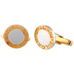 Bvlgari 18 Karat Yellow Gold and Stainless Steel Round Cufflinks