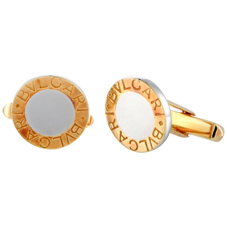 Bvlgari 18 Karat Yellow Gold and Stainless Steel Round Cufflinks at 1stdibs