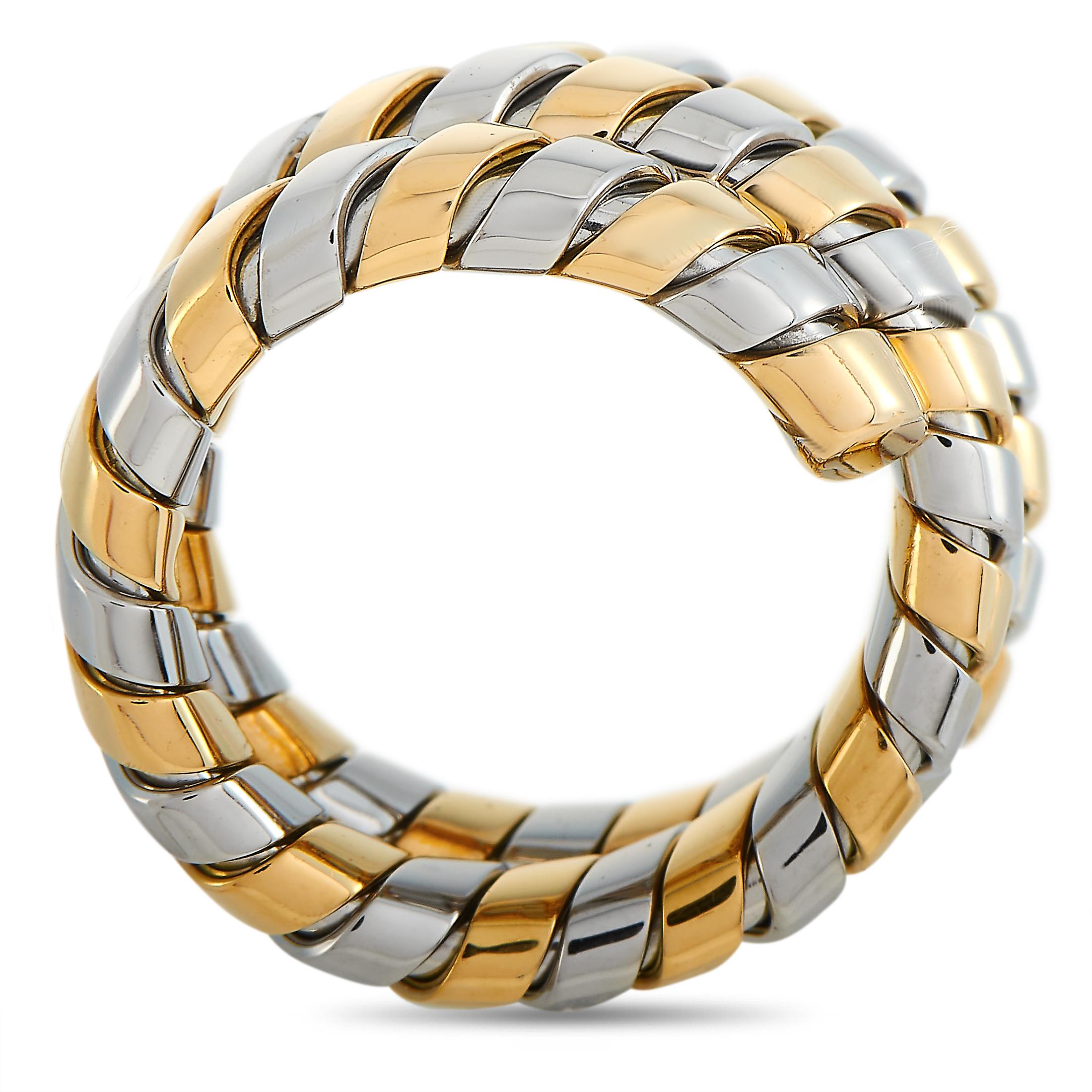This Bvlgari tubogas ring is made out of 18K yellow gold and stainless steel and weighs 10.1 grams, boasting band thickness of 15 mm.

The ring is offered in estate condition and includes the manufacturer’s box.
