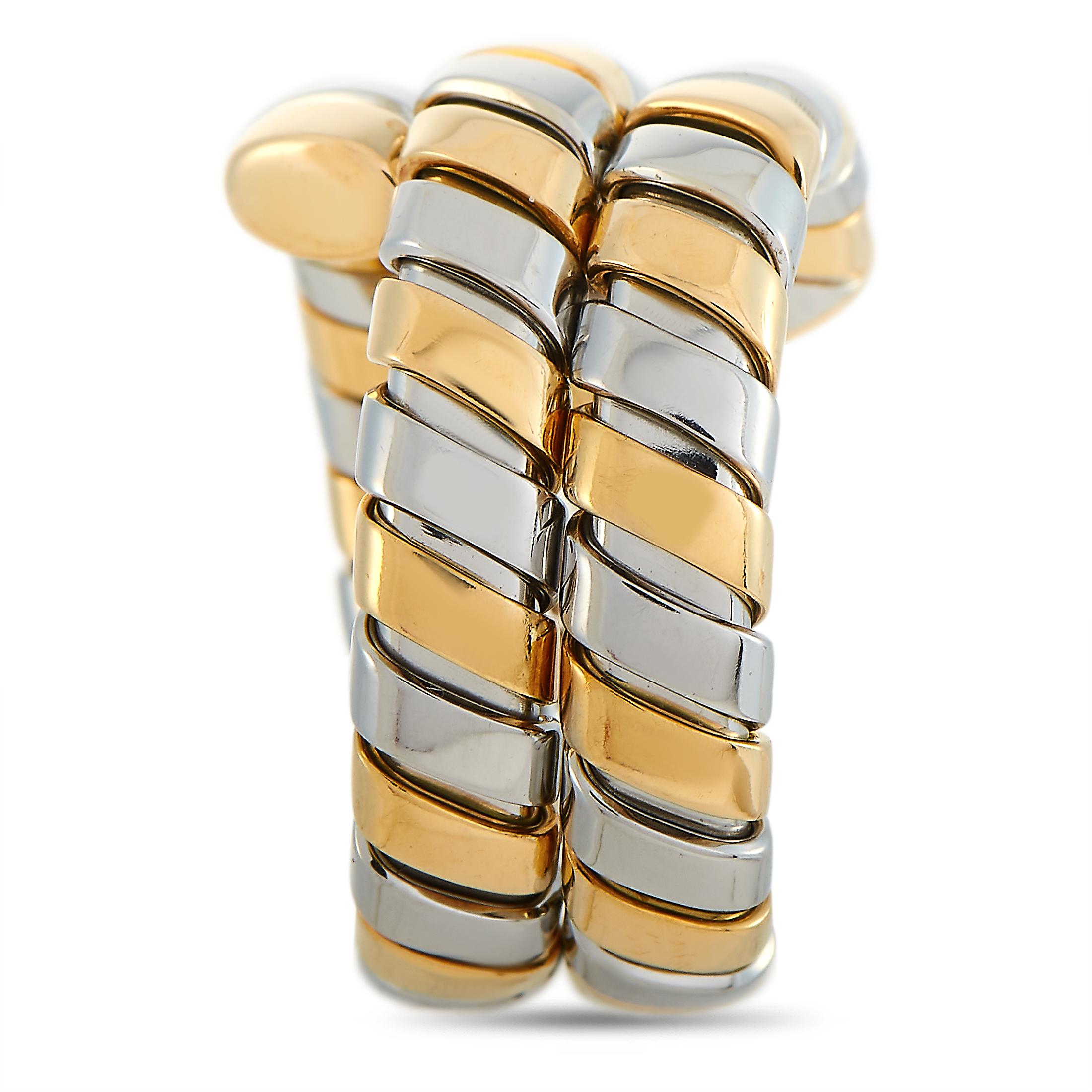 Bvlgari 18 Karat Yellow Gold and Stainless Steel Tubogas Ring In Excellent Condition In Southampton, PA