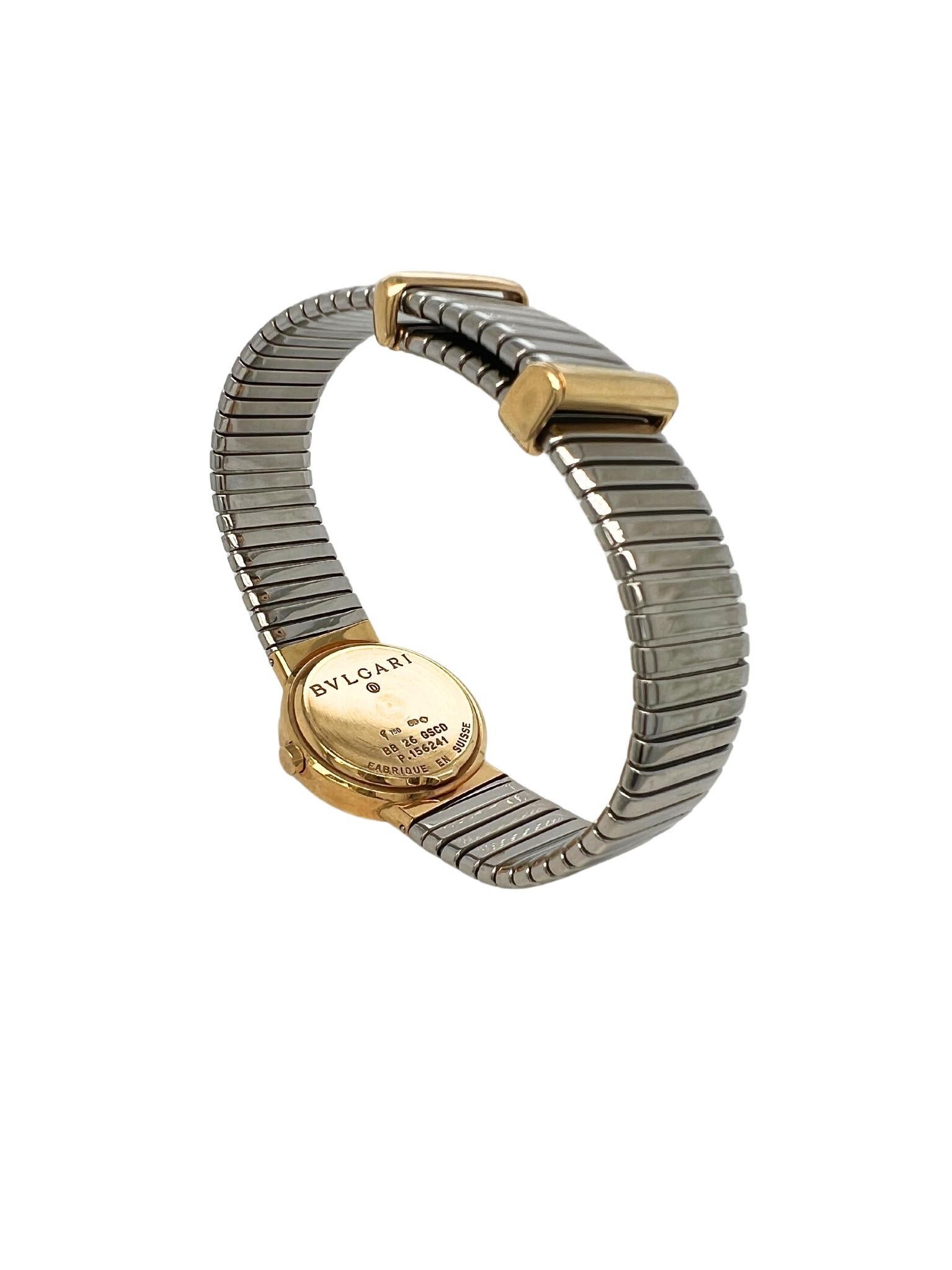 Bvlgari 18k Yellow Gold and Steel Quartz Ladies Watch Bracelet

Measurements: case diameter is 2.5cm, flexible size 19-20, watch bracelet circumference is 18.5cm. 
Weight: 59.6 grams
Movement: Quartz 
Hallmarked on the back: Bvlgari, 750, BB26GSCD,