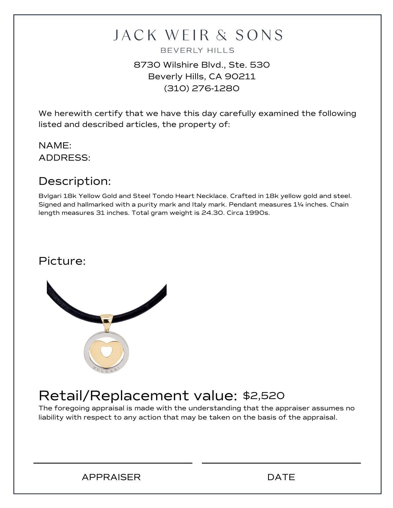 Bvlgari 18k yellow gold and steel Tondo heart necklace In Good Condition In Beverly Hills, CA