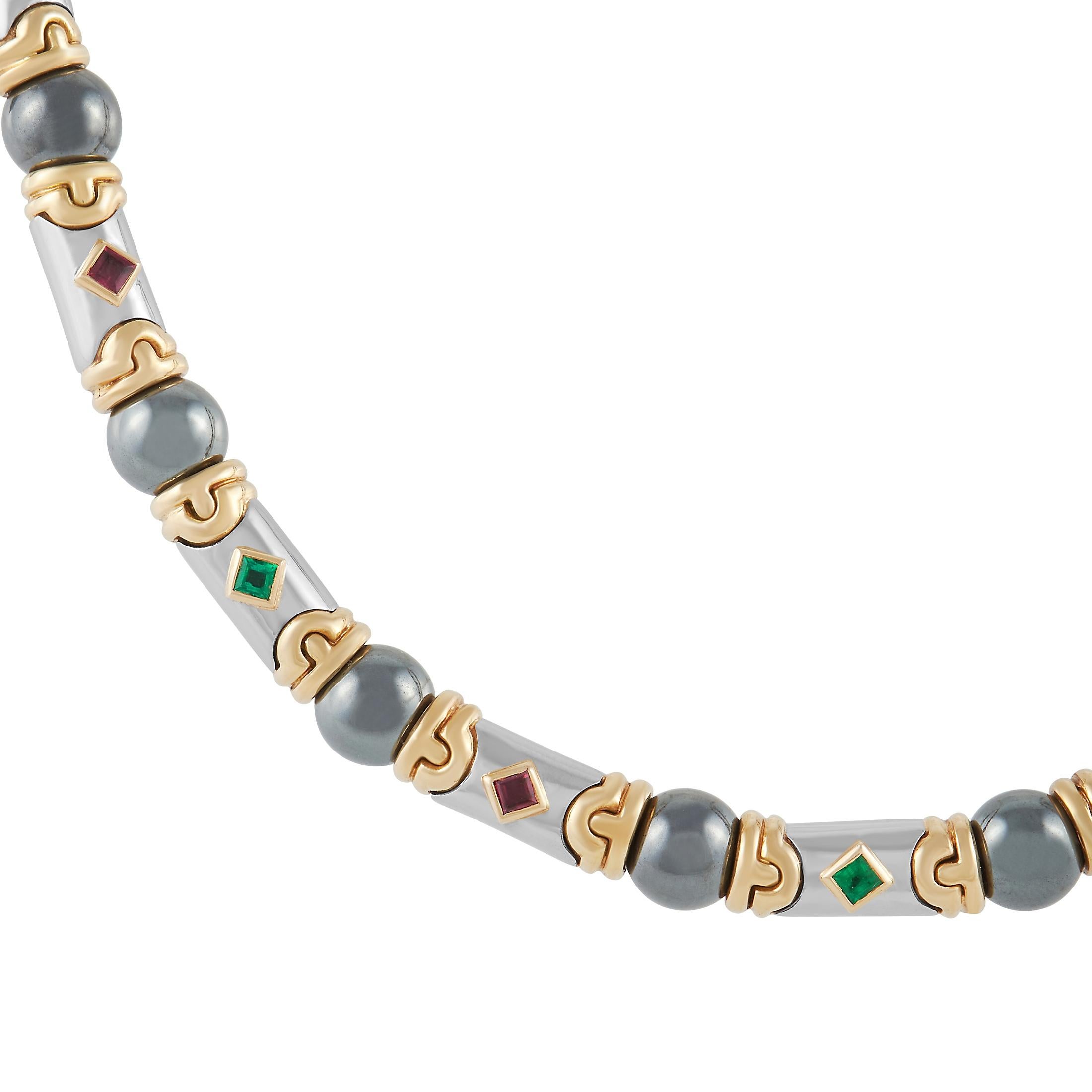 This Bvlgari necklace is both exquisite and unexpected. Measuring 15” long, this dramatic design pairs opulent 18K Yellow Gold and 18K White Gold together flawlessly. Dazzling hematite beads give it an obvious sense of structure, but it’s the ruby