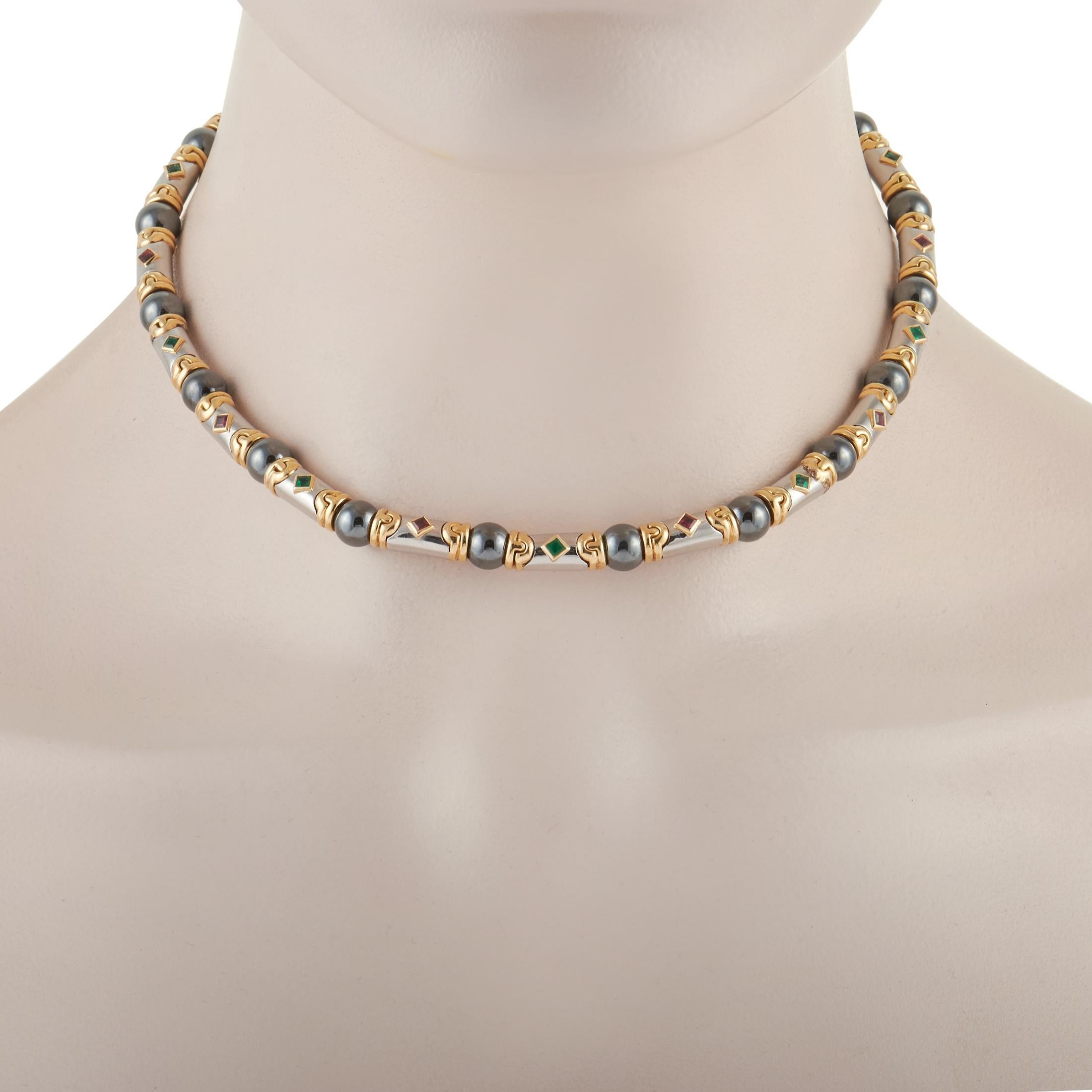 Mixed Cut Bvlgari 18K Yellow Gold and White Gold Hematite, Ruby, and Emerald Necklace