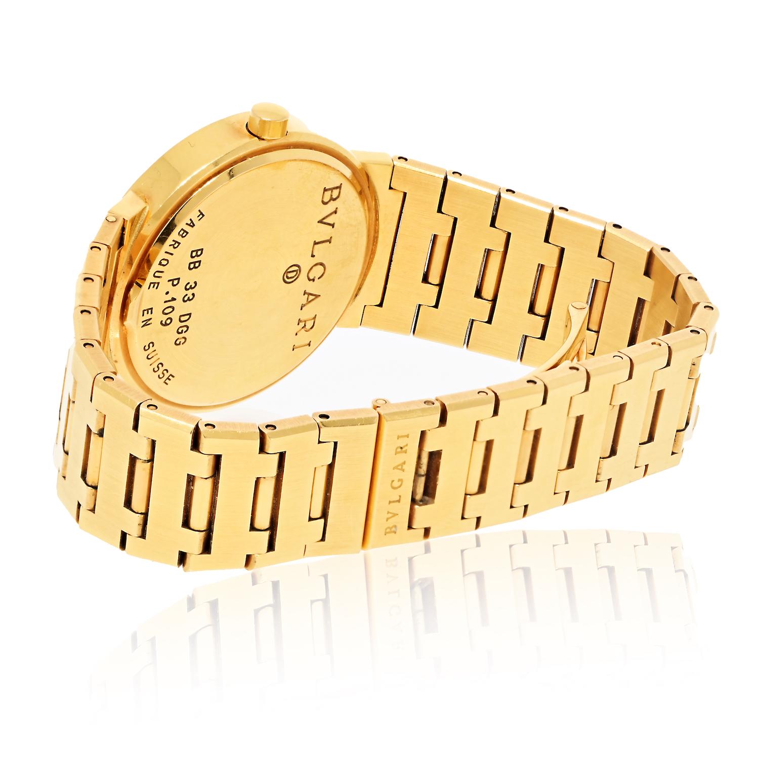 Round Cut Bvlgari 18K Yellow Gold BB 33 DGG 33mm Diamond Dial Watch For Sale