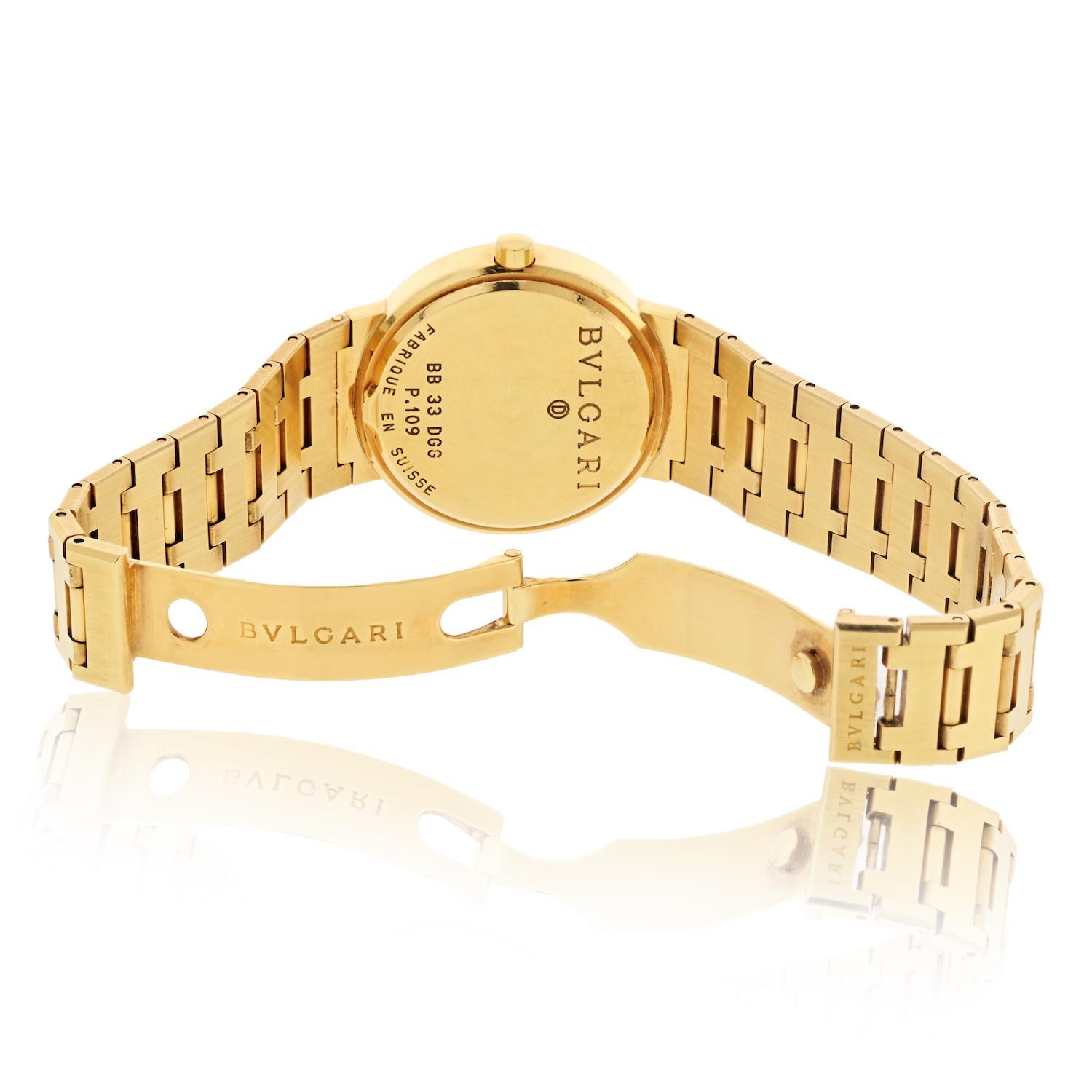 Bvlgari 18K Yellow Gold BB 33 DGG 33mm Diamond Dial Watch In Excellent Condition For Sale In New York, NY