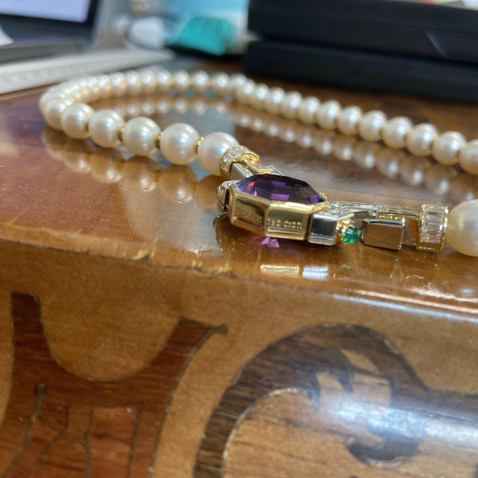 Bvlgari 18k Yellow Gold, Cabochon Emerald, Diamond, Pearl & Amethyst Necklace In Excellent Condition In Beverly Hills, CA