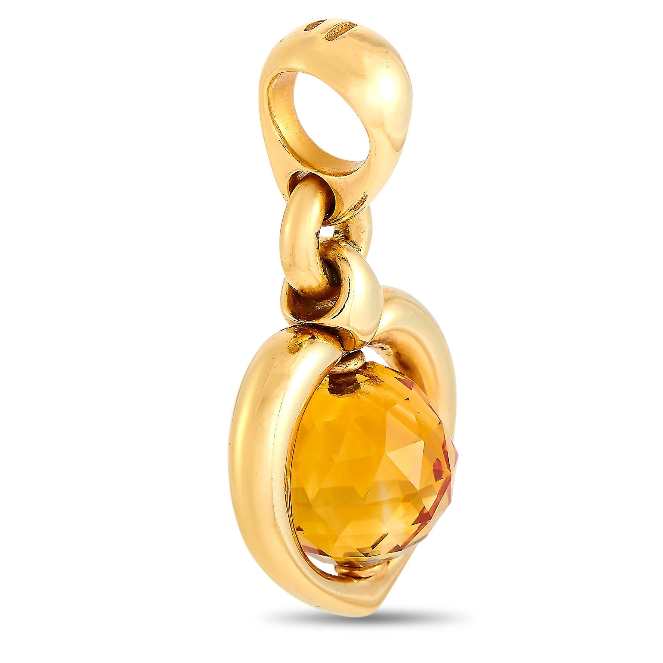 This Bvlgari pendant is made of 18K yellow gold and decorated with a citrine. The pendant weighs 13.8 grams and measures 1.25” in length and 0.88” in width.
 
 Offered in estate condition, this item includes the manufacturer’s box.
