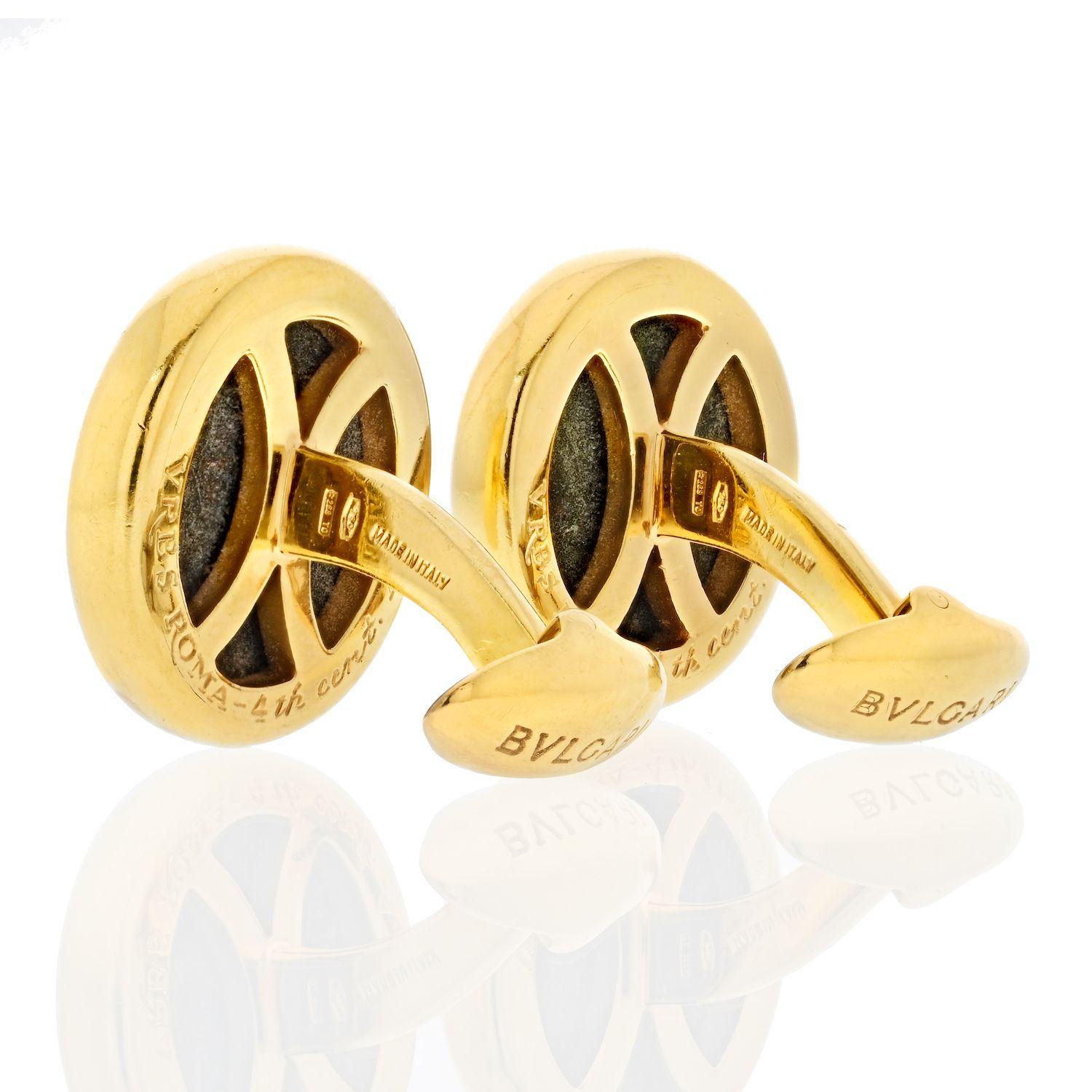 Want to make a thoughtful and special gift? Then look no further. Estate Bvlgari coin cufflinks that are just under 20mm are a perfect choice. 

Bvlgari 18k yellow gold ancient coin cufflinks are the perfect gift for any special occasion! The