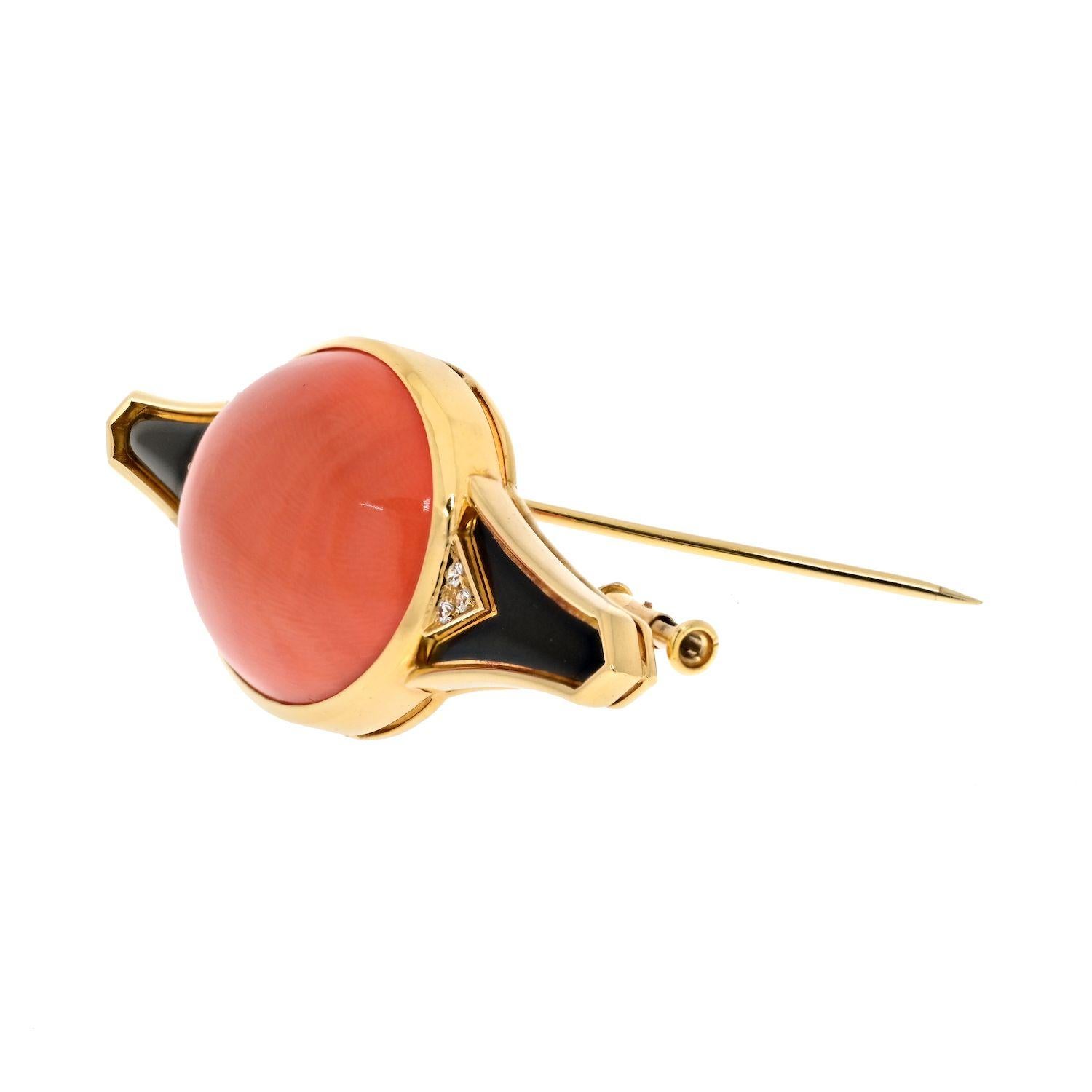 Oval Cut Bvlgari 18K Yellow Gold Coral, Black Enamel And Diamond Brooch For Sale