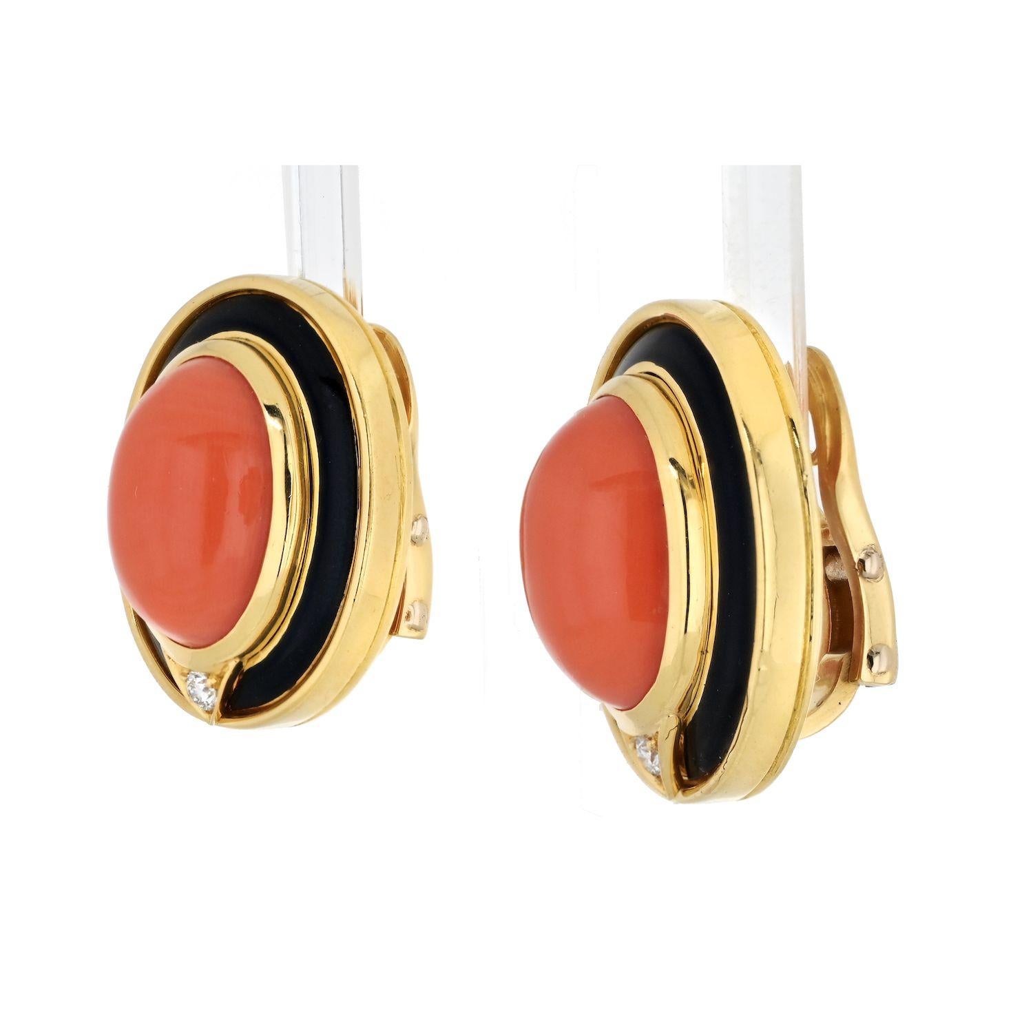 Round Cut Bvlgari 18K Yellow Gold Coral, Black Enamel, Onyx Earrings For Sale
