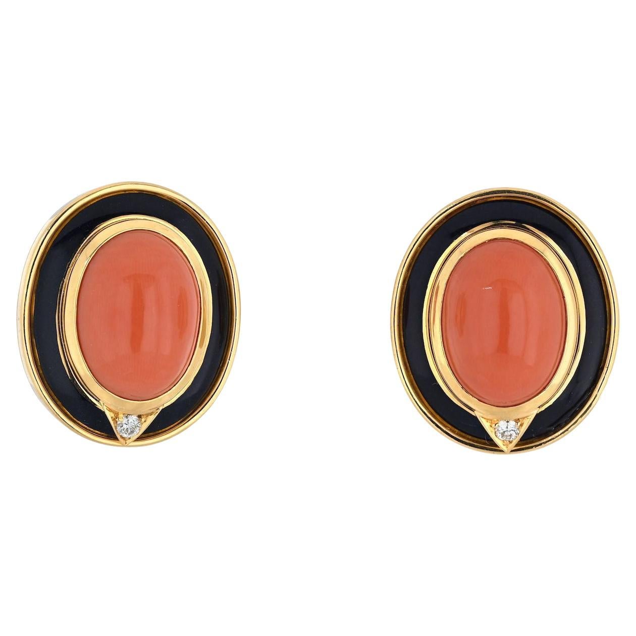 Bvlgari 18K Yellow Gold Coral, Black Enamel, Onyx Earrings For Sale