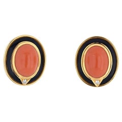 Vintage Bvlgari 18K Yellow Gold Coral, Black Enamel, Onyx Earrings