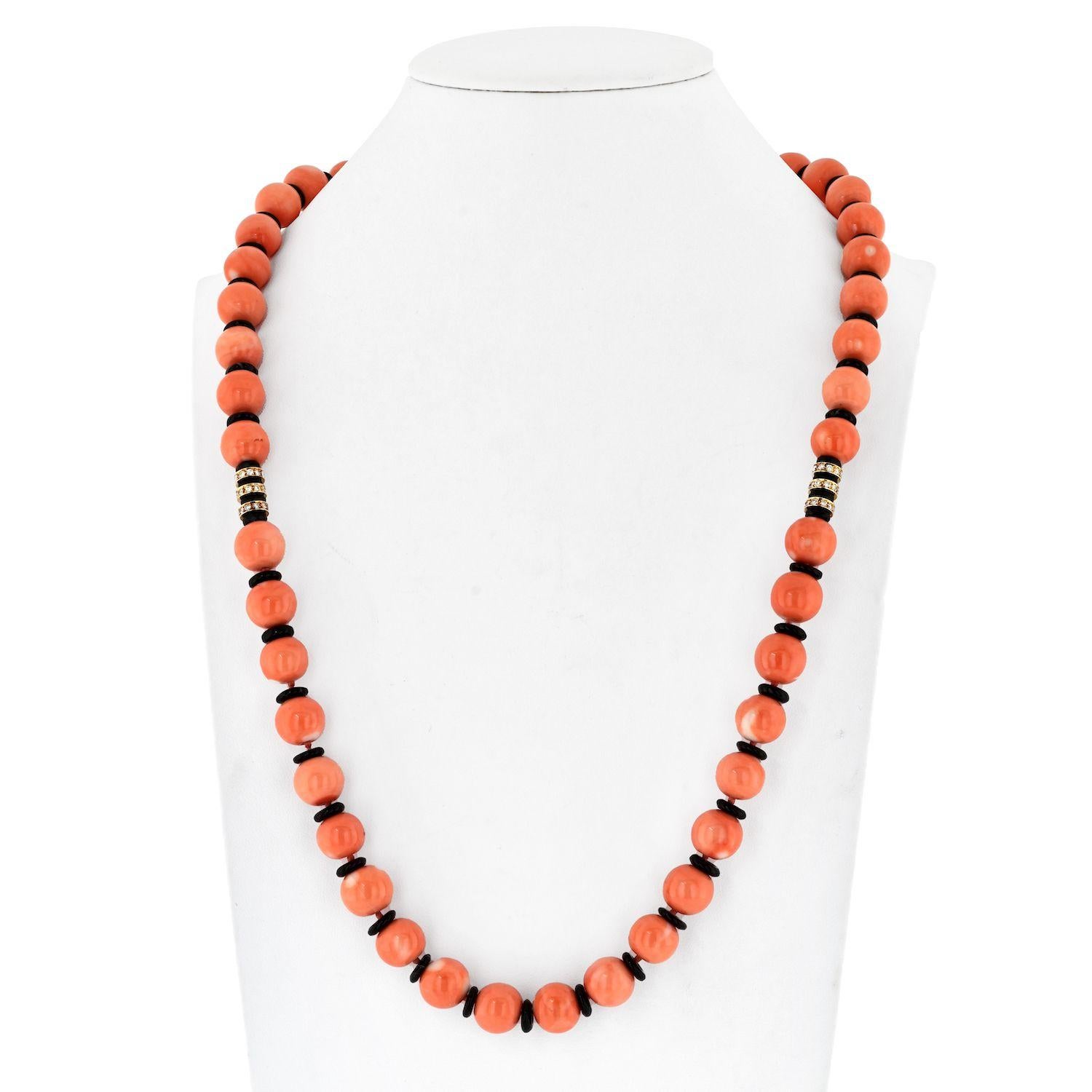 Bvlgari 18K Yellow Gold Coral, Diamond, Black Enamel Bead Necklace In Excellent Condition For Sale In New York, NY