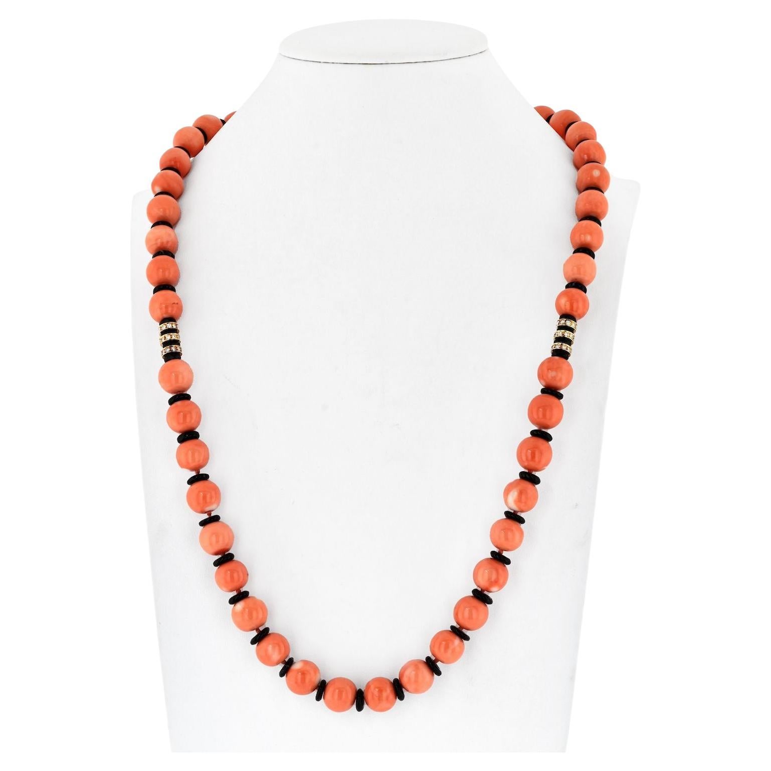 Bvlgari 18K Yellow Gold Coral, Diamond, Black Enamel Bead Necklace