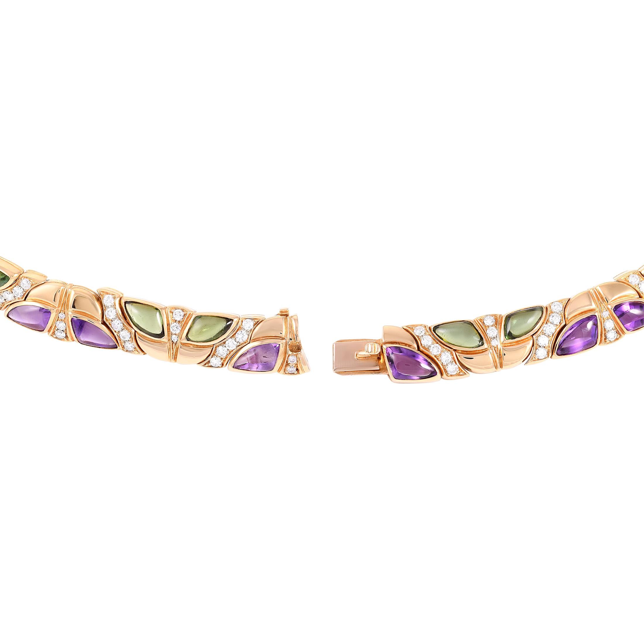 Round Cut Bvlgari 18 Karat Yellow Gold Diamond, Amethyst and Peridot Necklace