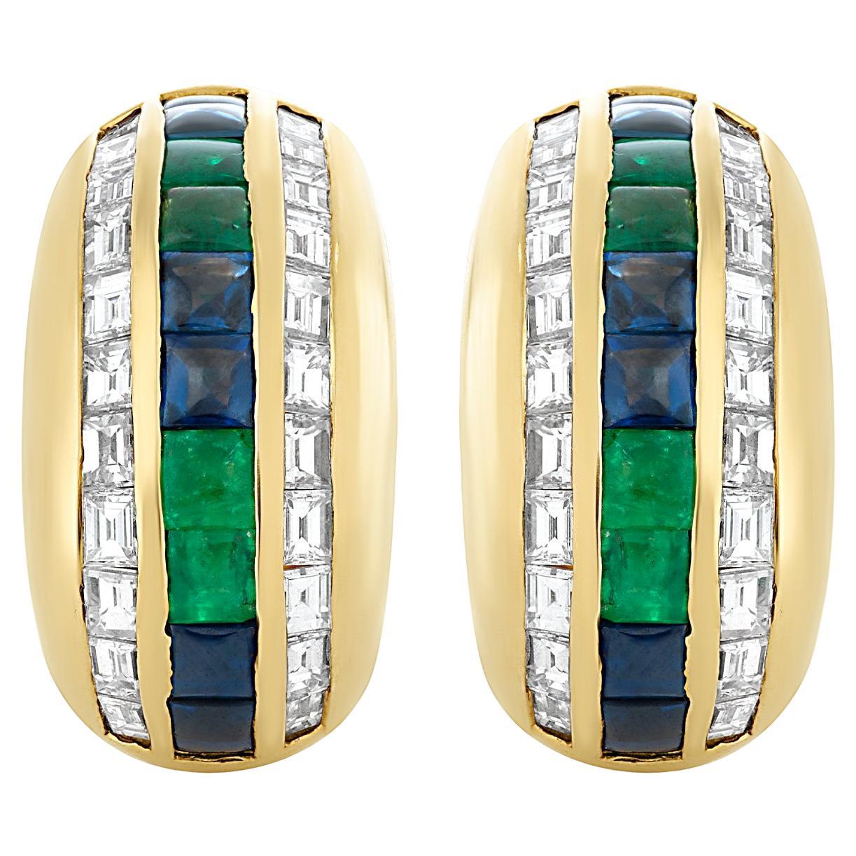 Bvlgari 18k Yellow Gold Diamond and Alternating Emerald and Sapphire Earrings For Sale