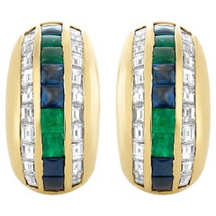 Bvlgari 18k Yellow Gold Diamond and Alternating Emerald and Sapphire Earrings