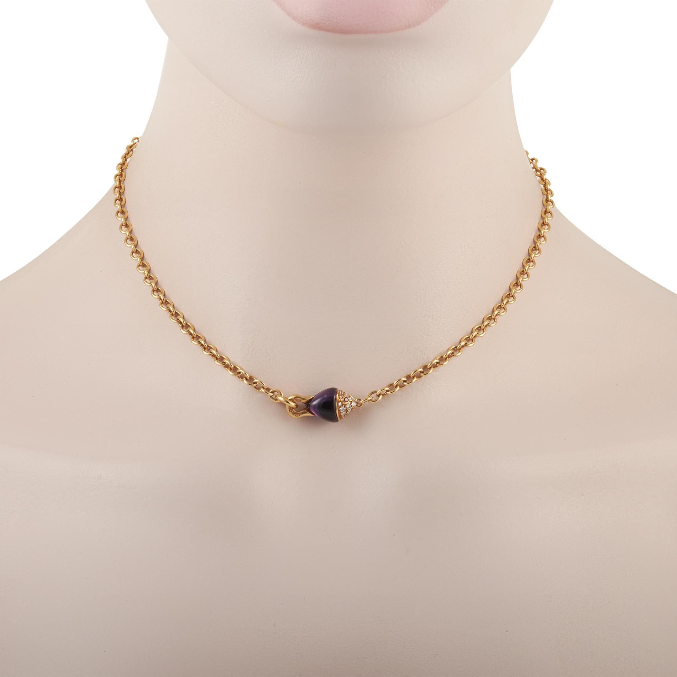 The best catch of the day. The Bvlgari 18K Yellow Gold Diamond & Amethyst Fish Necklace will give your fashion style a refreshing dip. Held by a 14-inch yellow gold chain necklace is a 0.38-inch by 0.75-inch fish-shaped pendant with two cabochon-cut