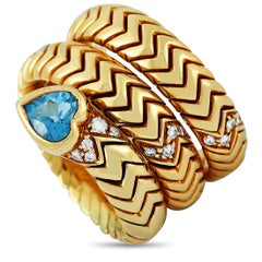 Bvlgari 18 Karat Yellow Gold Diamond and Aquamarine Spiga Ring