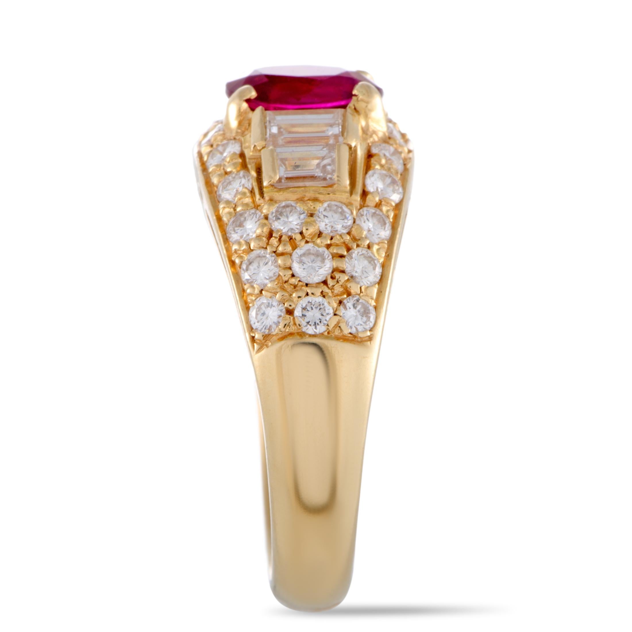 Set amidst a plethora of resplendent diamonds and against the luxurious sheen of 18K yellow gold, the stunning ruby gives a compellingly regal appeal to this marvelous Bvlgari ring. The diamonds amount to approximately 1.25 carats, while the ruby