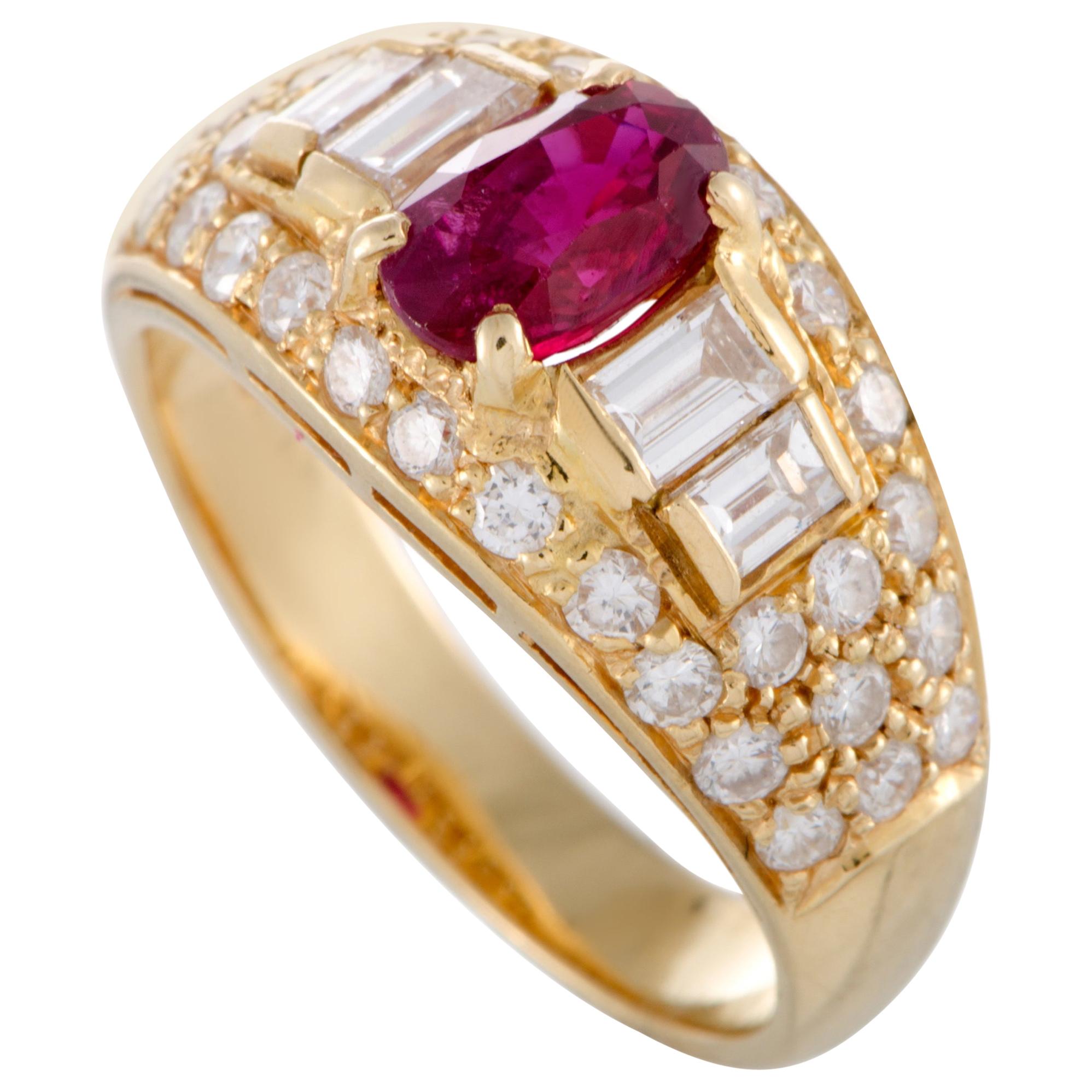 Bvlgari 18 Karat Yellow Gold Diamond and Ruby Band Ring