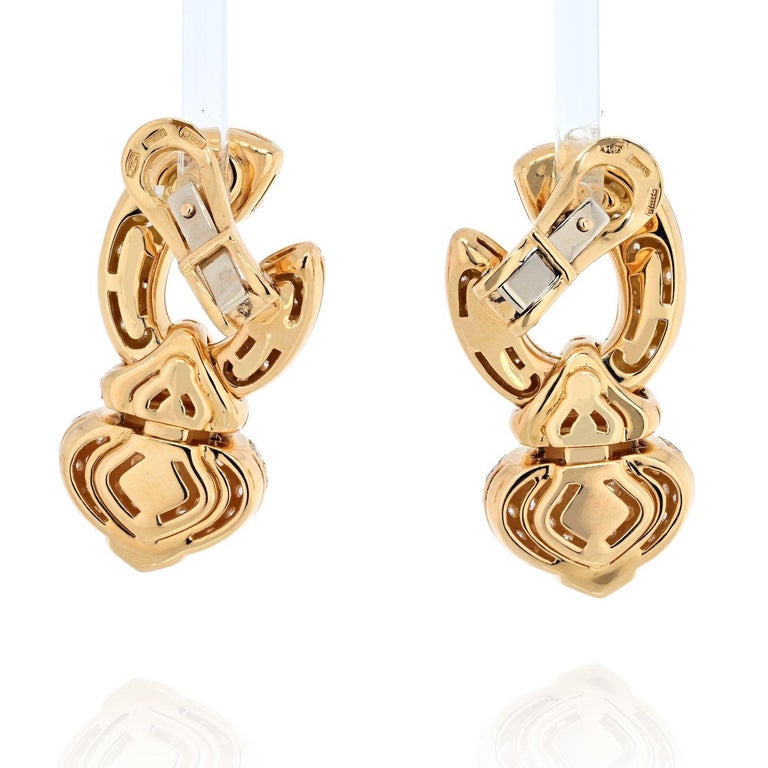 Round Cut Bvlgari 18K Yellow Gold Diamond Chandra Pave Heart Earrings For Sale