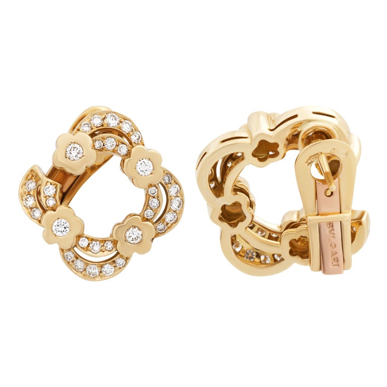 Bvlgari 18 Karat Yellow Gold Diamond Open Flower Earrings For Sale at  1stDibs | bvlgari flower earrings