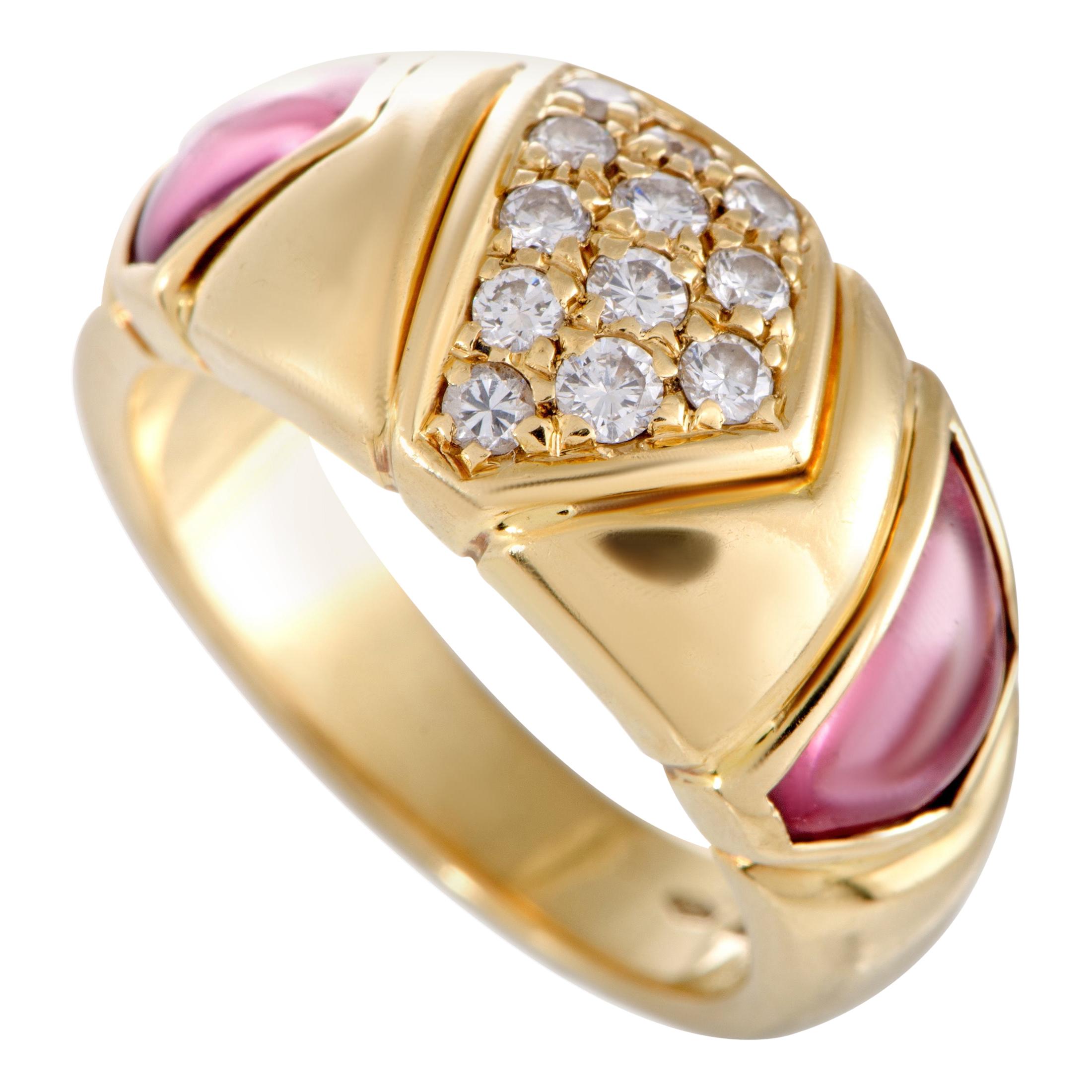 Bvlgari 18 Karat Yellow Gold Diamonds and Pink Tourmaline Band Ring