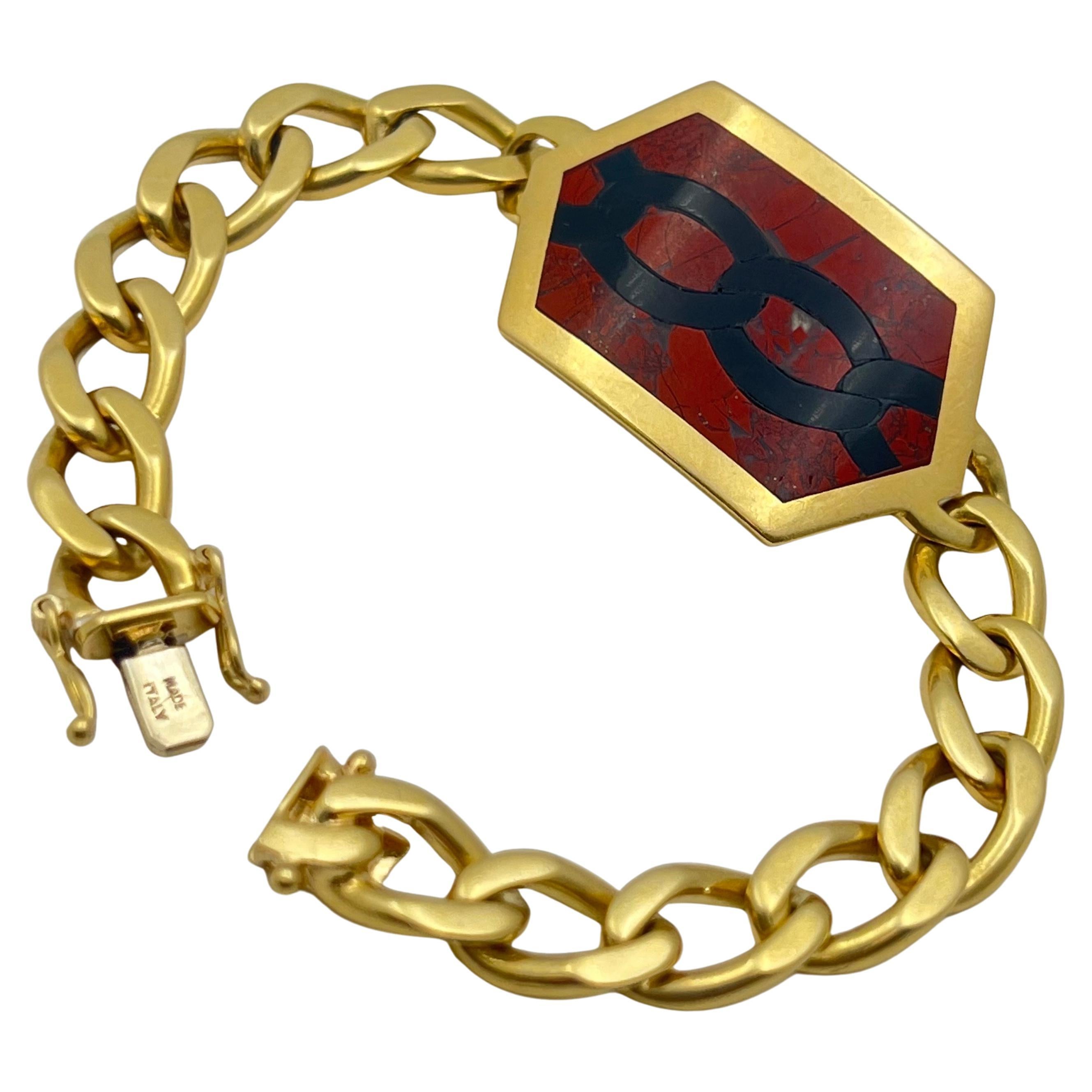 Bvlgari 18k Yellow Gold Hardstone Curb Link 1970's Bracelet In Excellent Condition For Sale In Palm Beach, FL