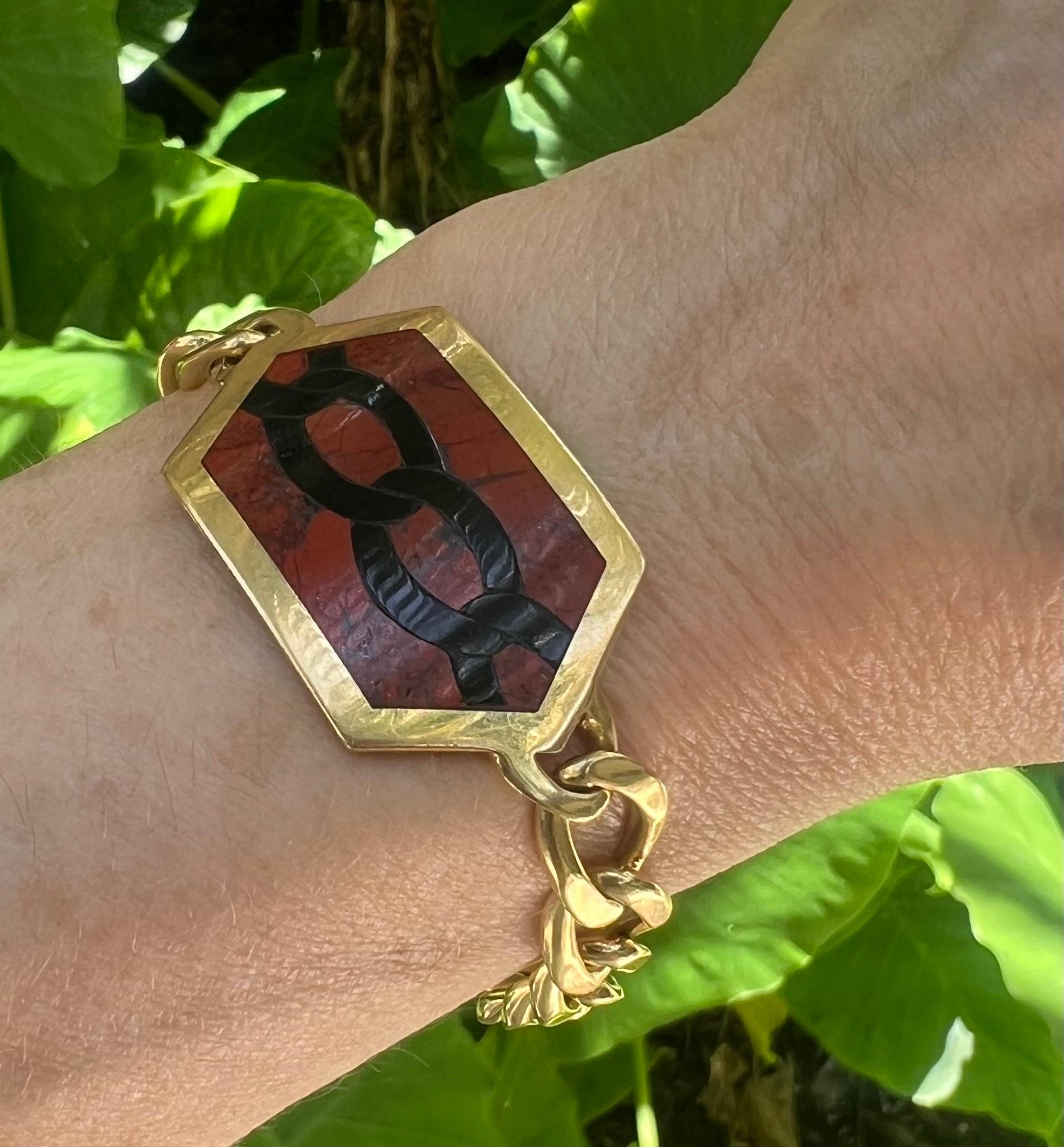 Bvlgari 18k Yellow Gold Hardstone Curb Link 1970's Bracelet For Sale 3