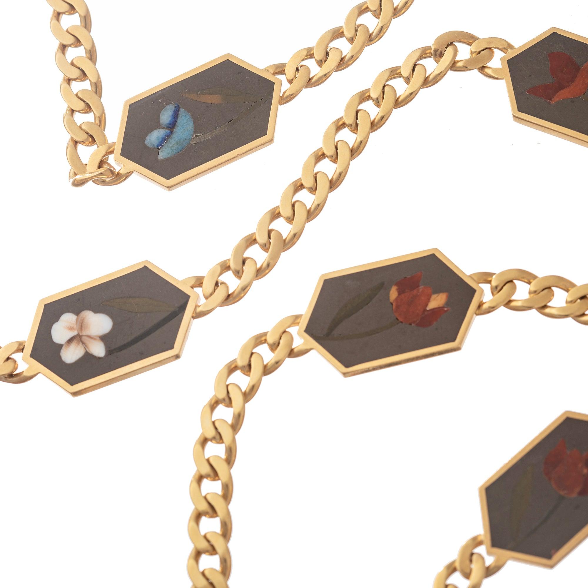 Tumbled Bvlgari 18k Yellow Gold Hardstone Flower Long Necklace 1970's For Sale