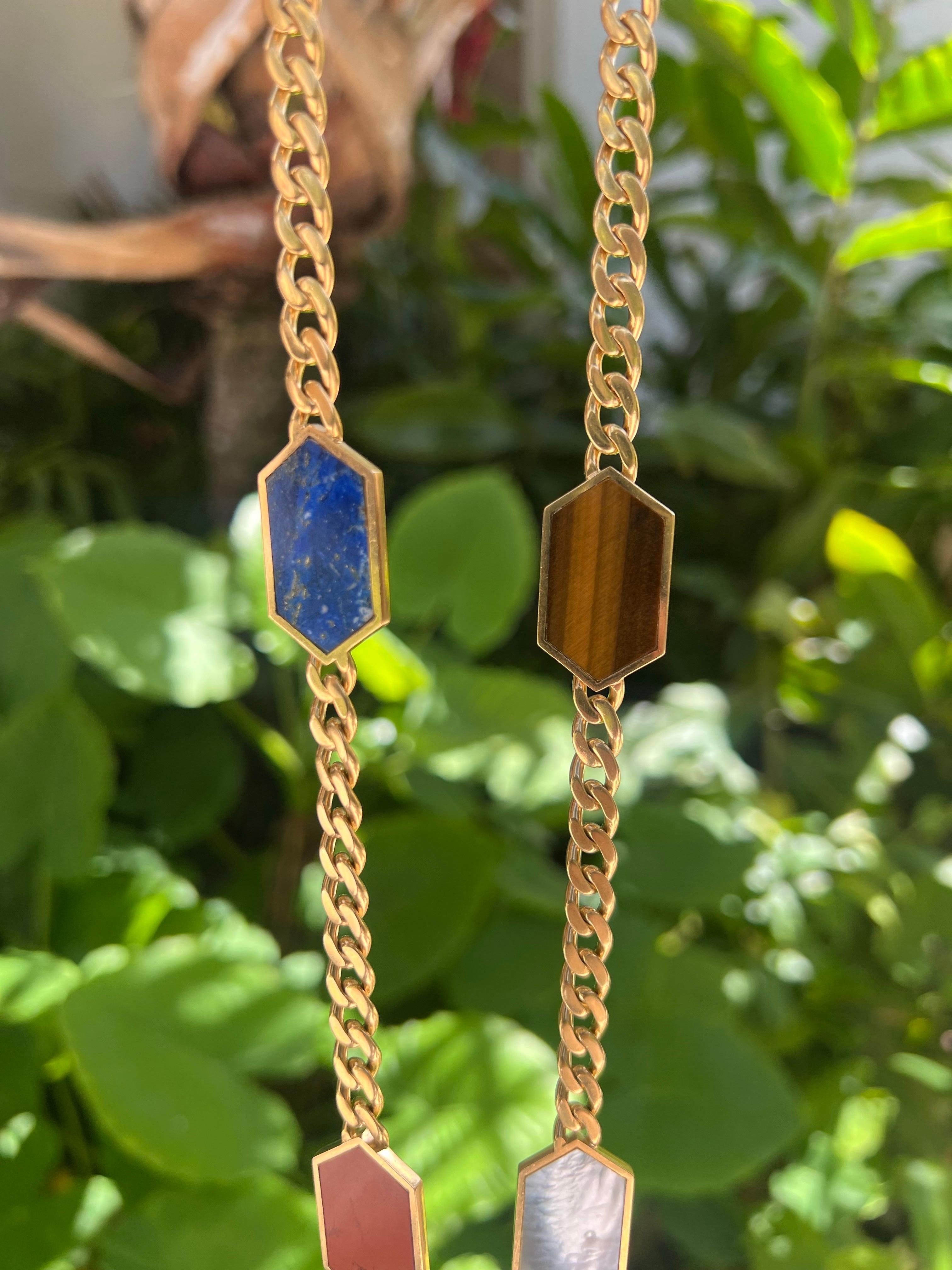 Bvlgari 18k Yellow Gold Hardstone Flower Long Necklace 1970's For Sale 2